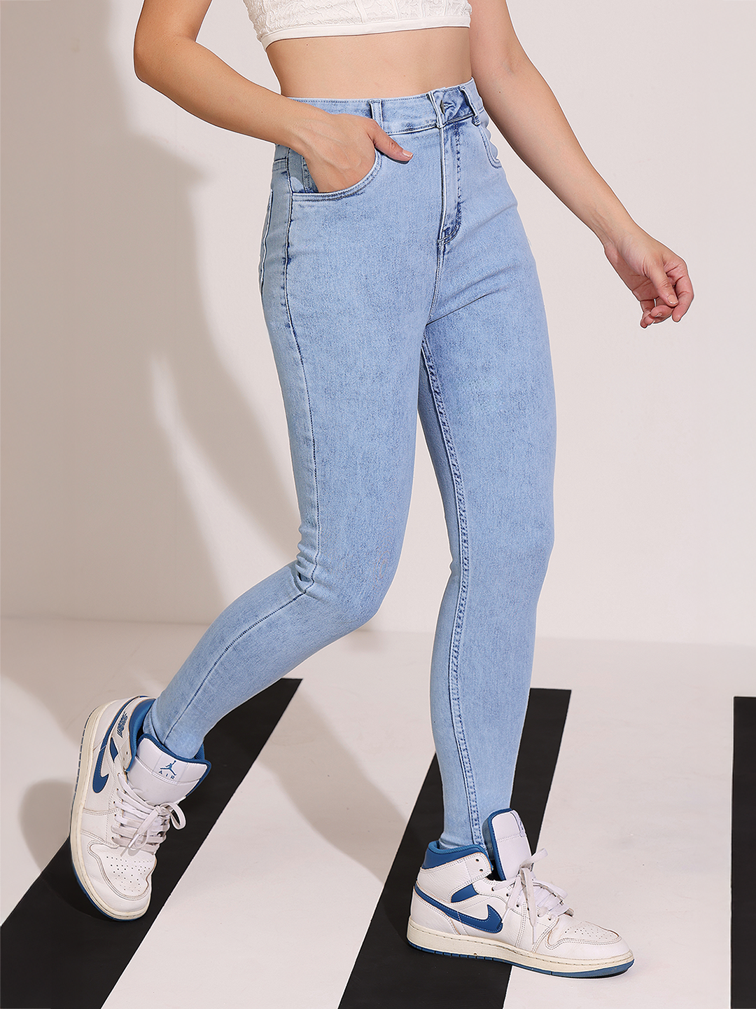 Women's Blue Skinny-Fit High-Rise Clean-Look Regular-Length Stretchable Denim Jeans