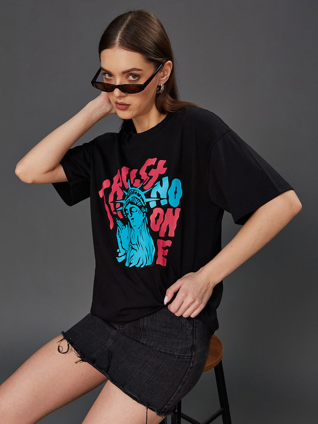 Women's Black Round Neck Half-Sleeve Conversational-Printed Regular-Length Oversized Cotton T-Shirt