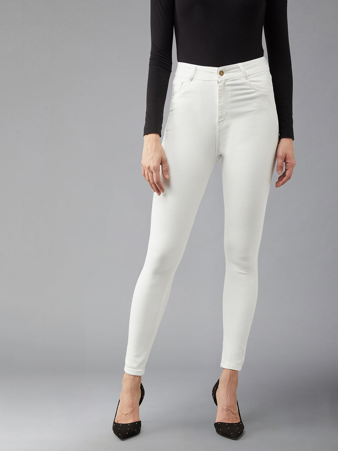 Women's White Skinny Fit High Rise Clean Look Regular Length Bleached Denim Jeans