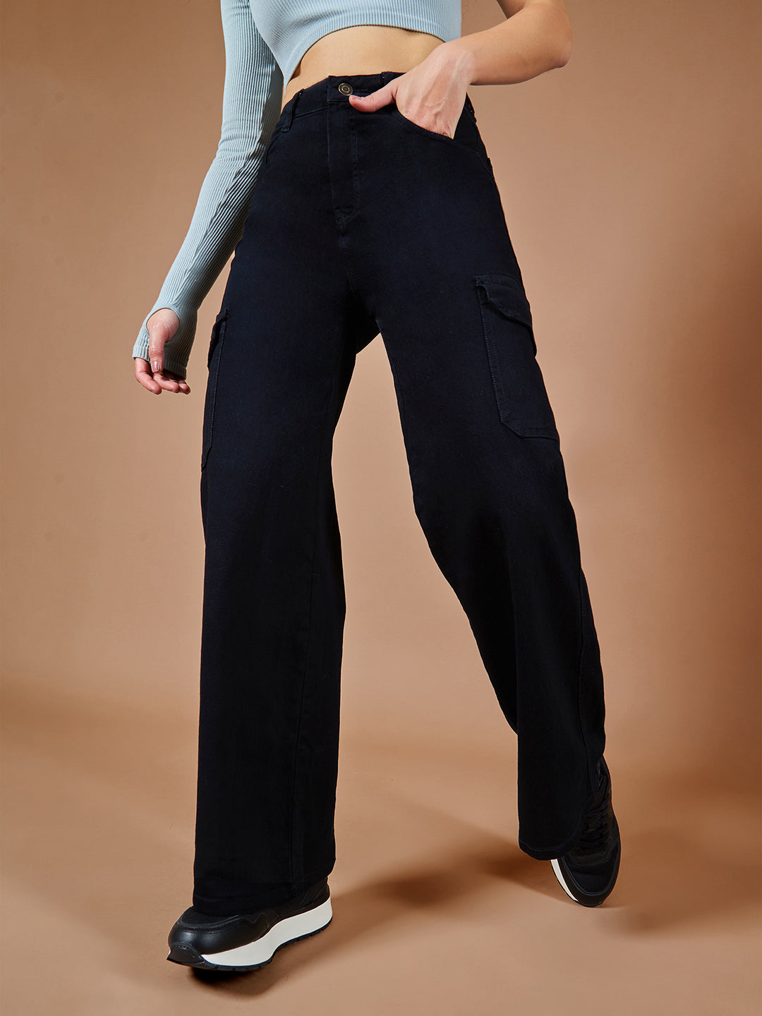 24/7 Comfort Women's Black Wide Leg High Rise Clean Look Patch Pocketed Regular Stretchable Denim Jeans