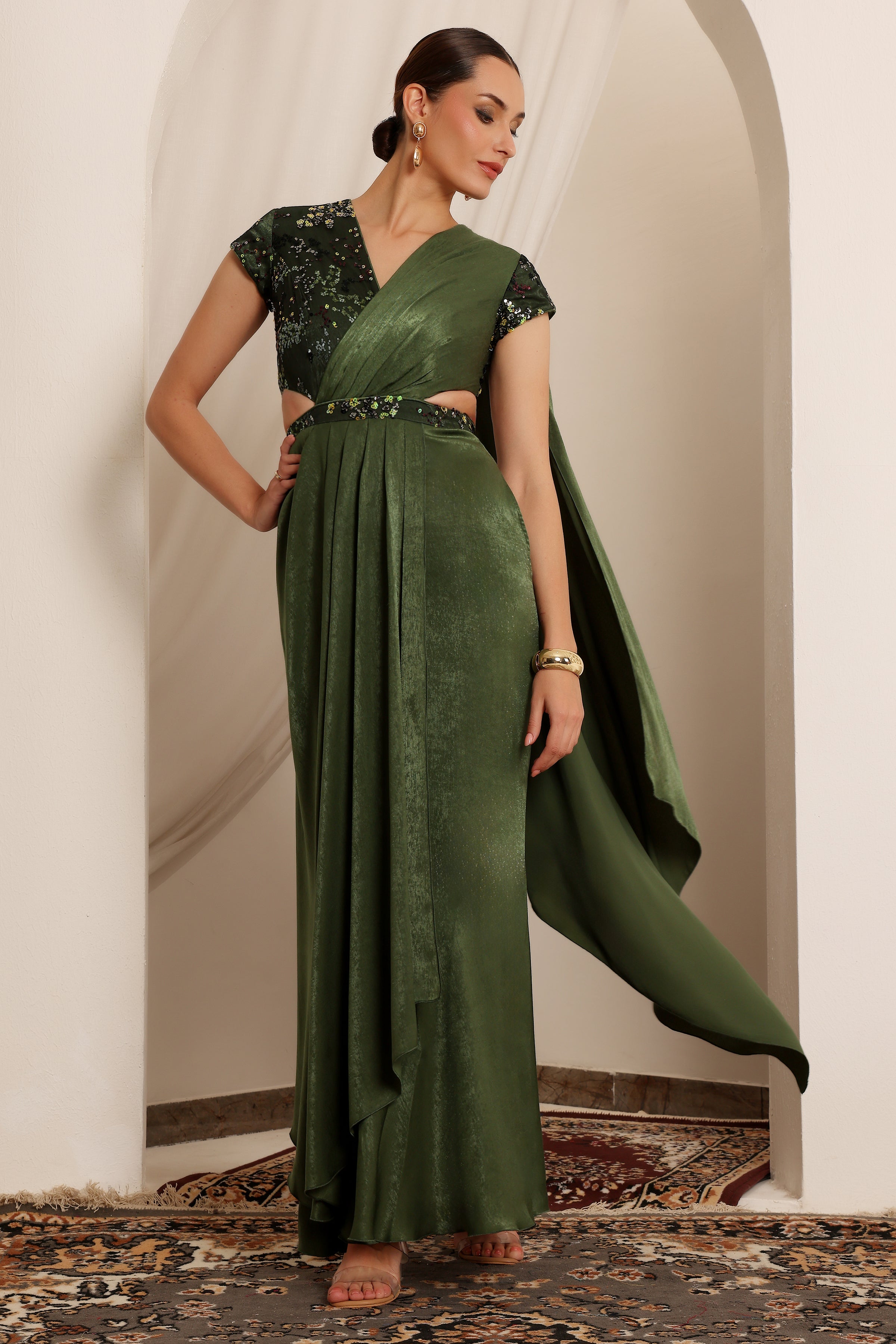 Women's Olive V-Neck Short-Sleeve Embellished Draped Maxi Velvet Dress