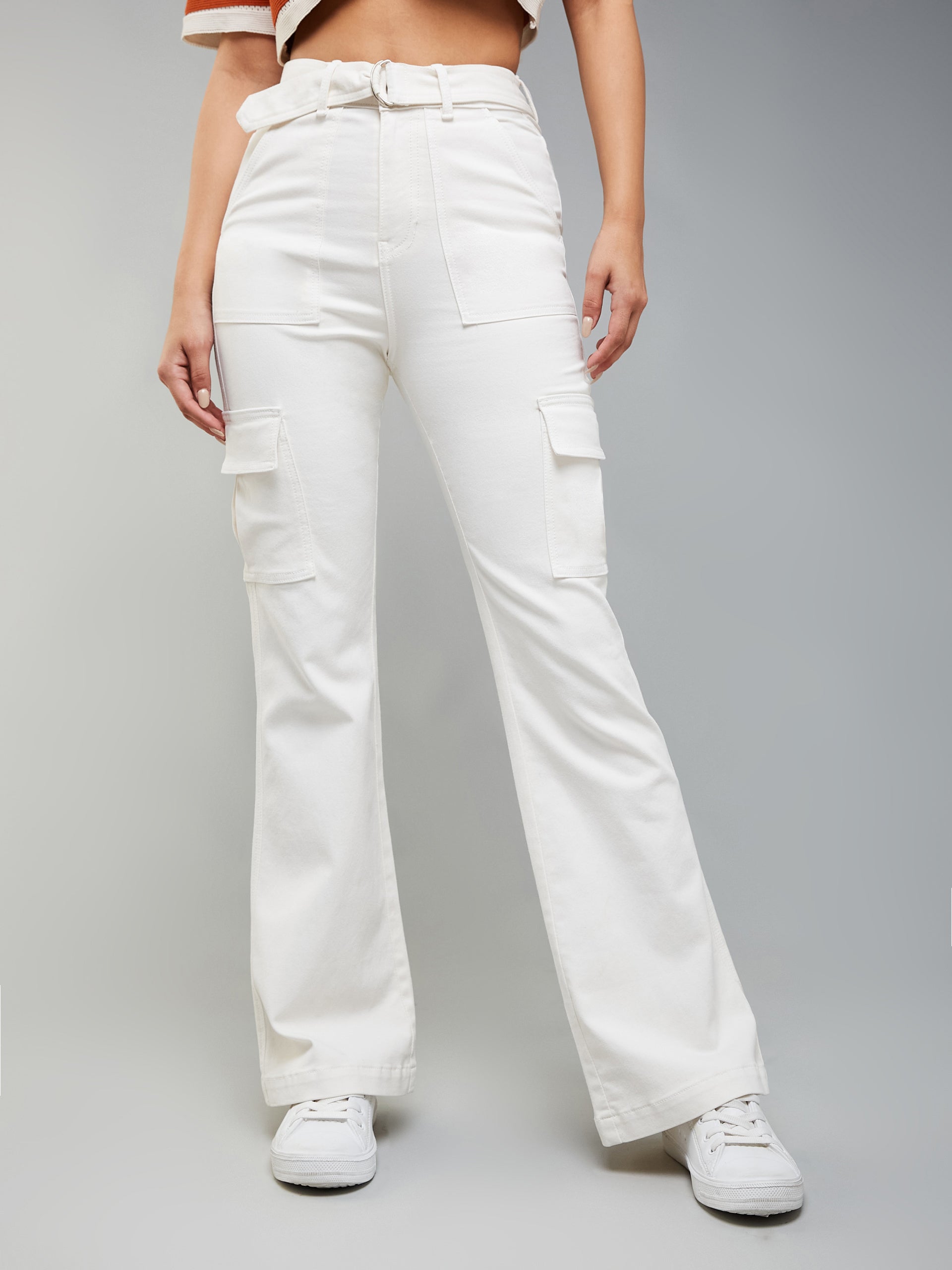 24/7 Comfort Women's White Wide Leg High Rise Stretchable Cargo Denim Jeans