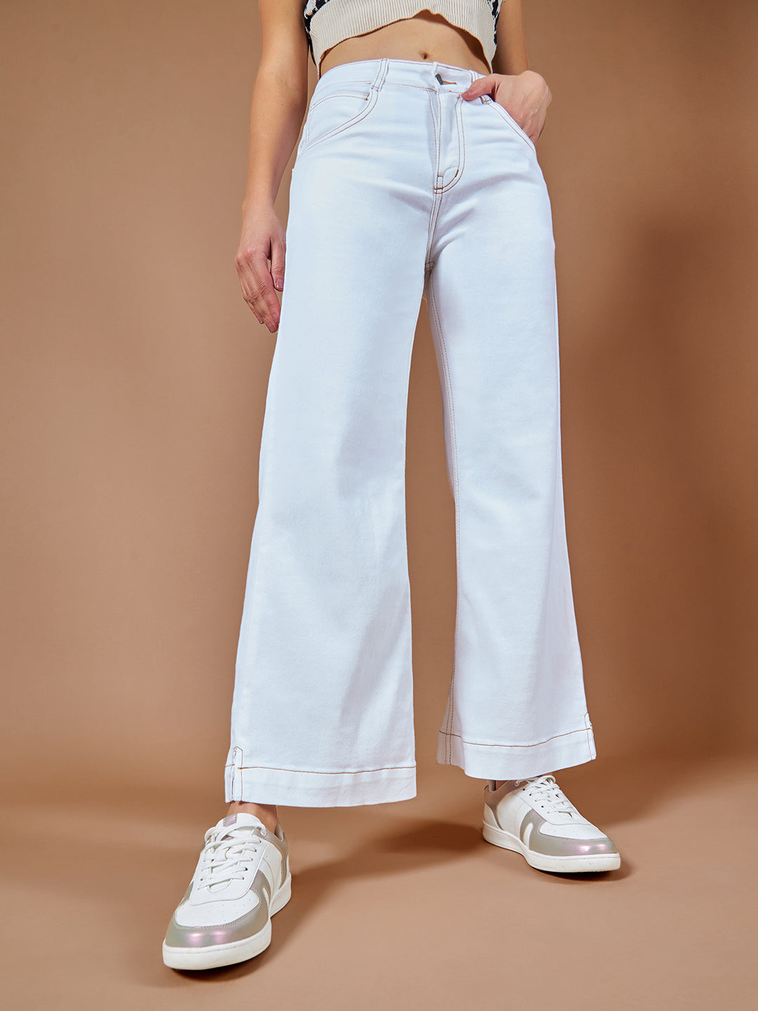 CHASEstretchTM White Flared Mid Rise Ankle length Stretchable Denim Jeans