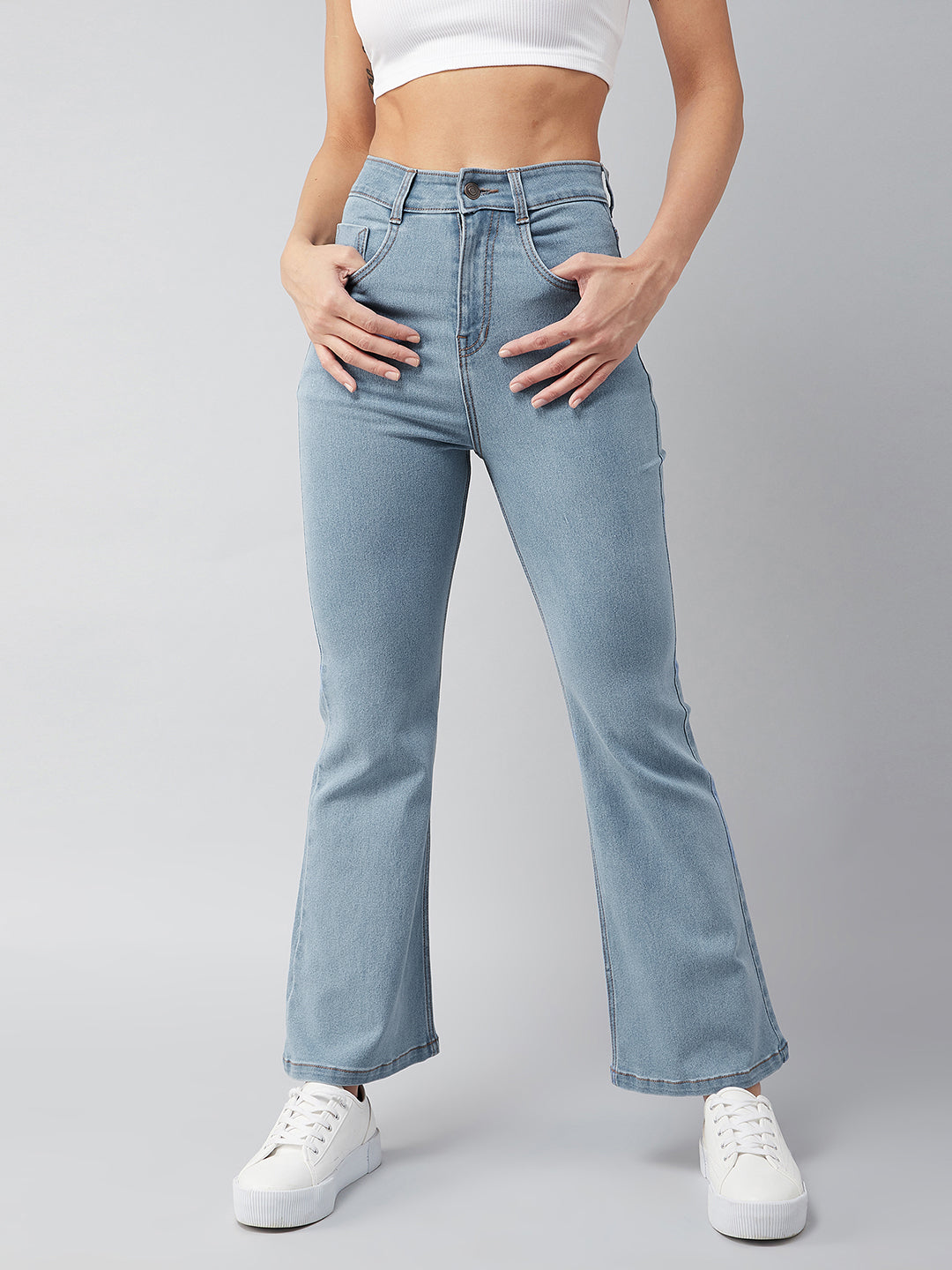 24/7 Comfort Women's Timeless Light Blue Bell Bottom Bootcut Hourglass High rise Stretchable Denim Jeans