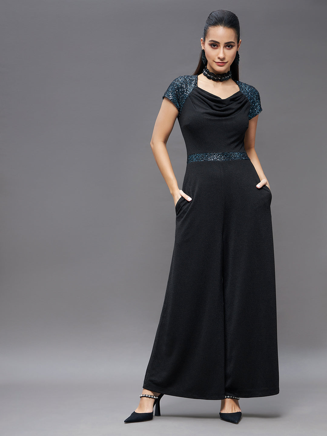 Crease Ease Women's Black Cowl Neck Raglan Sequined Sleeve Party Jumpsuit