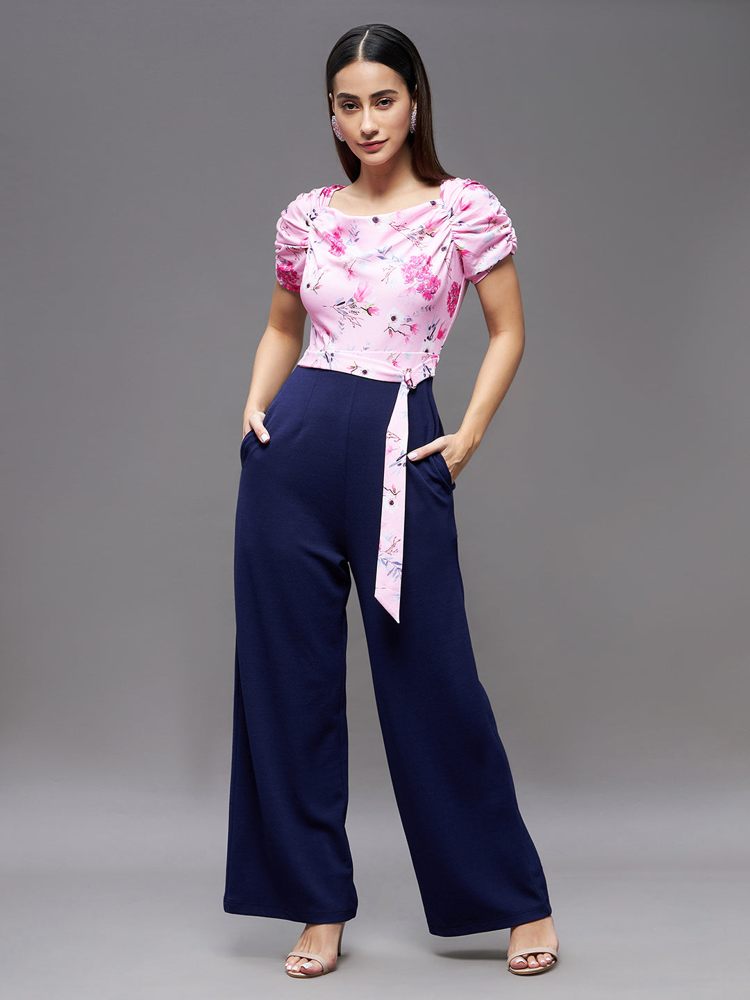 Crease Ease Women's Pink & Navy Blue Cowl Neck Raglan Ruched Sleeve Floral Wide Leg Regular Jumpsuit