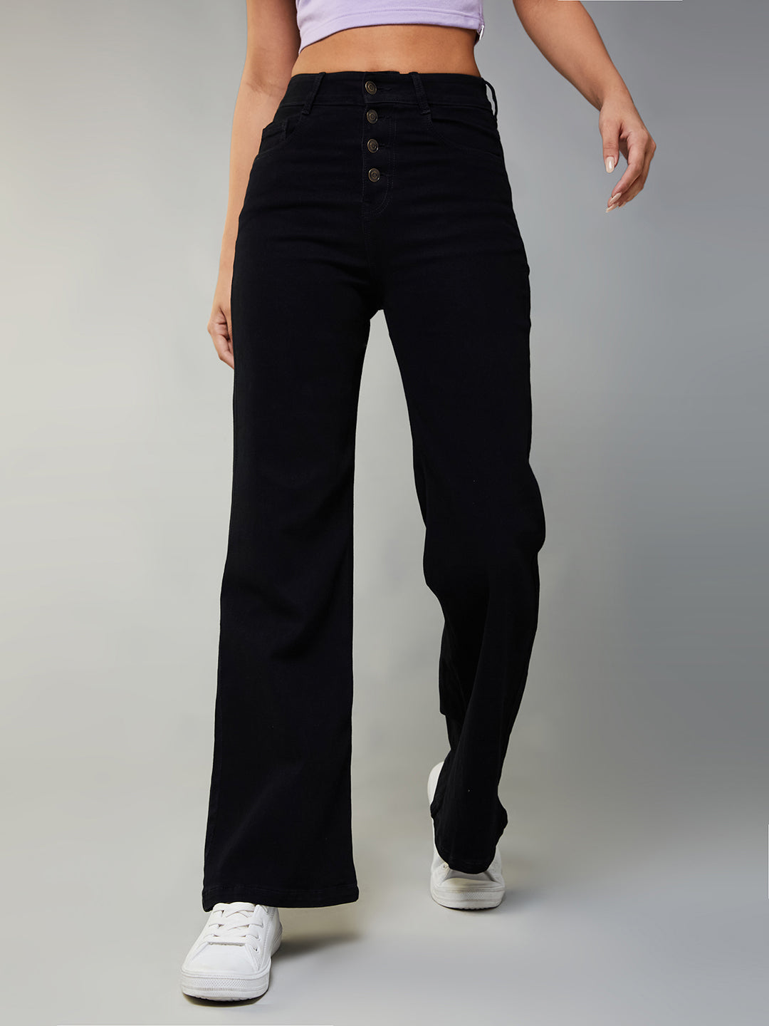 24/7 Comfort Women's Black Wide Leg High Rise Clean Look Regular Stretchable Denim Jeans