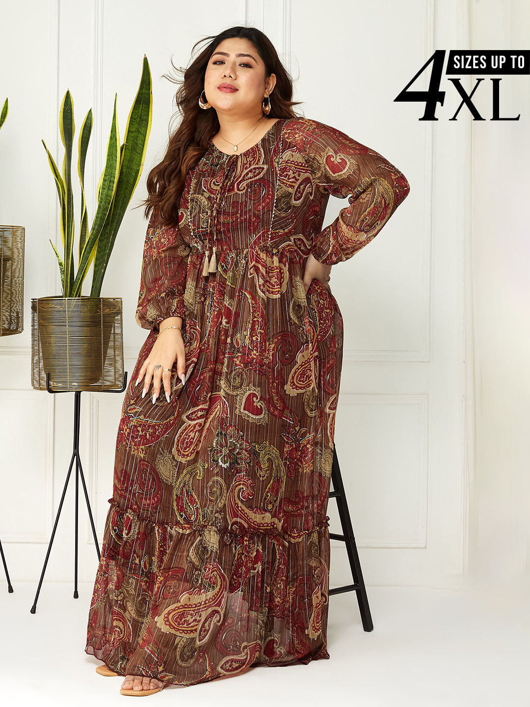 Brown Full Sleeves Printed Maxi Dress for Women