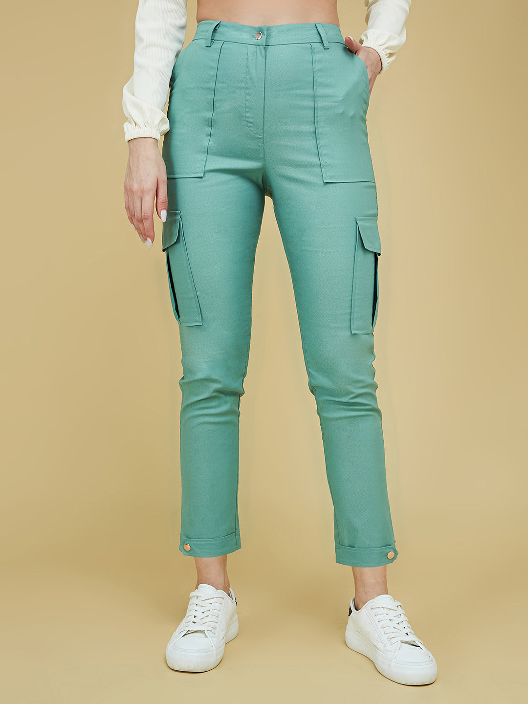 Women's Turquoise Solid Polyester High Waist Regular Length Trouser