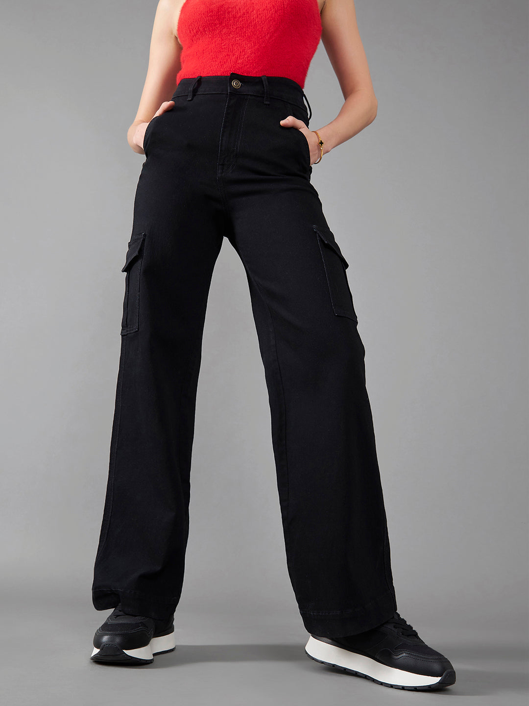 Women's Black Wide-Leg High-Rise Clean-Look Regular-Length Stretchable Denim Jeans