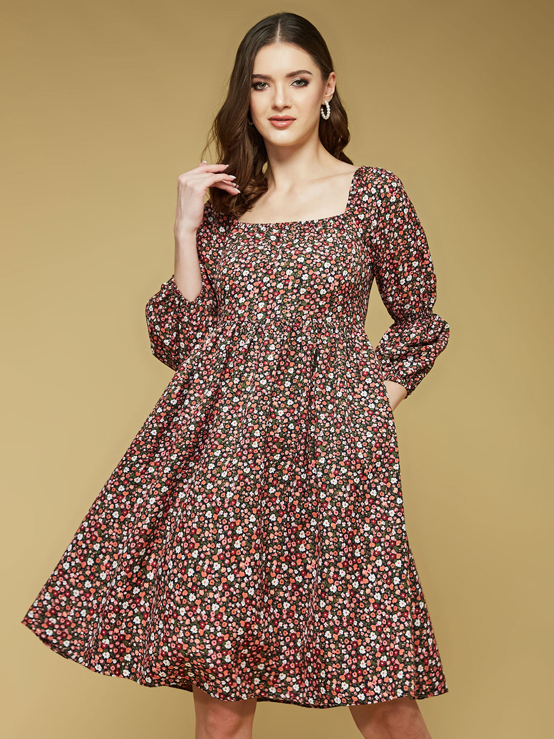 Women's Multicolored-Base-Black Square Bishop Sleeve Viscose Rayon Floral Gathered Above Knee Dress