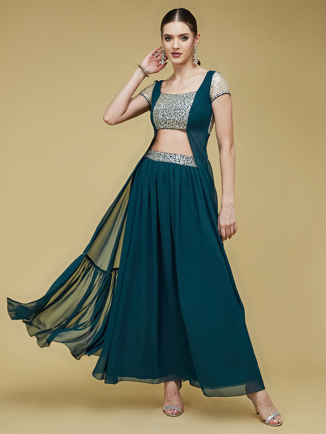 Women's Teal Embellished Square Neck Short Sleeves Waist Band Pocketed Tiered Maxi Co-Ord Set.