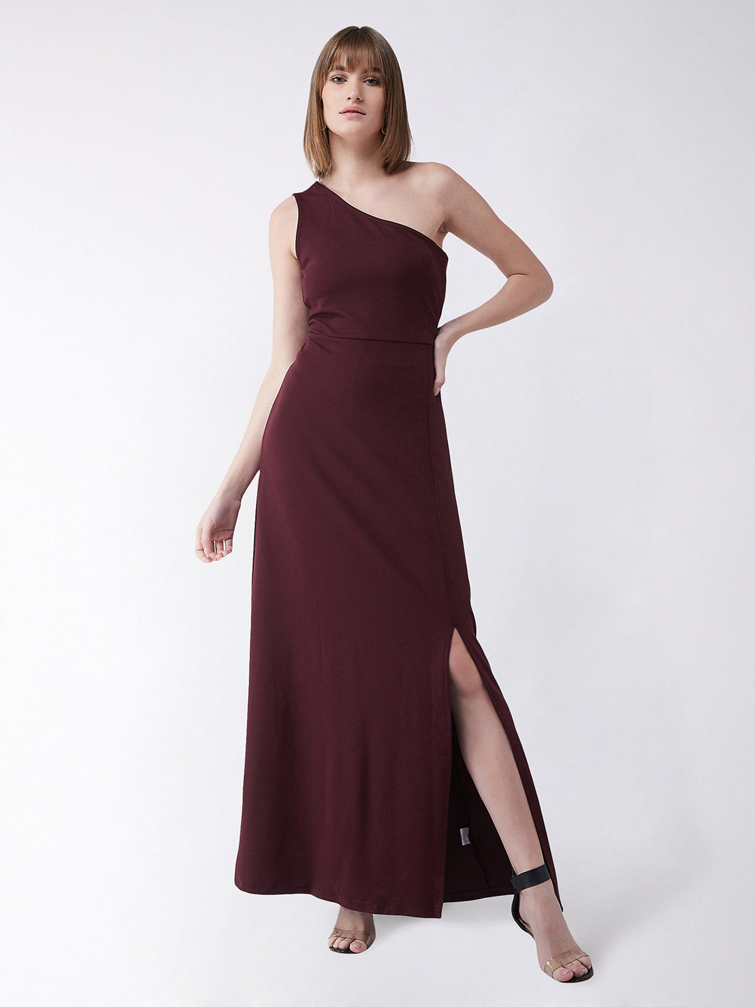 Crease Ease Women's Wine Red One-Shoulder Sleeveless Solid Side Slit Maxi Dress