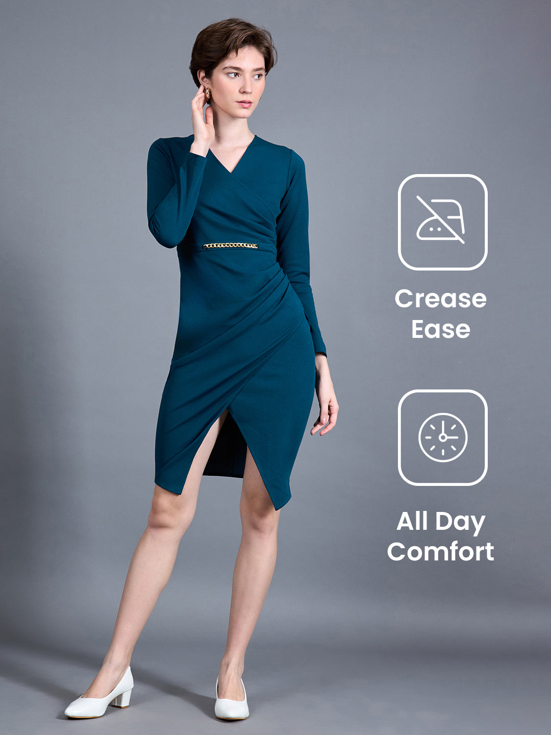 Women's Teal V-Neck Full Sleeve Solid Wrap-Styled Polyester Knee-Long Dress