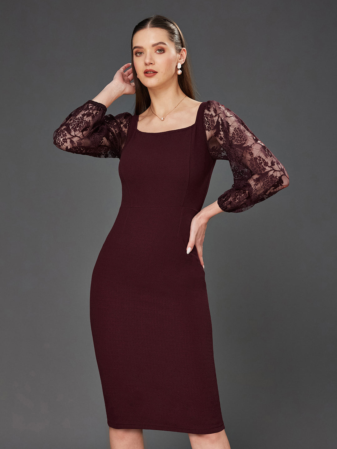 Crease Ease Women's Wine Solid Bodycon Square Neck Full Sleeve Slim Fit Knee-Long Dress