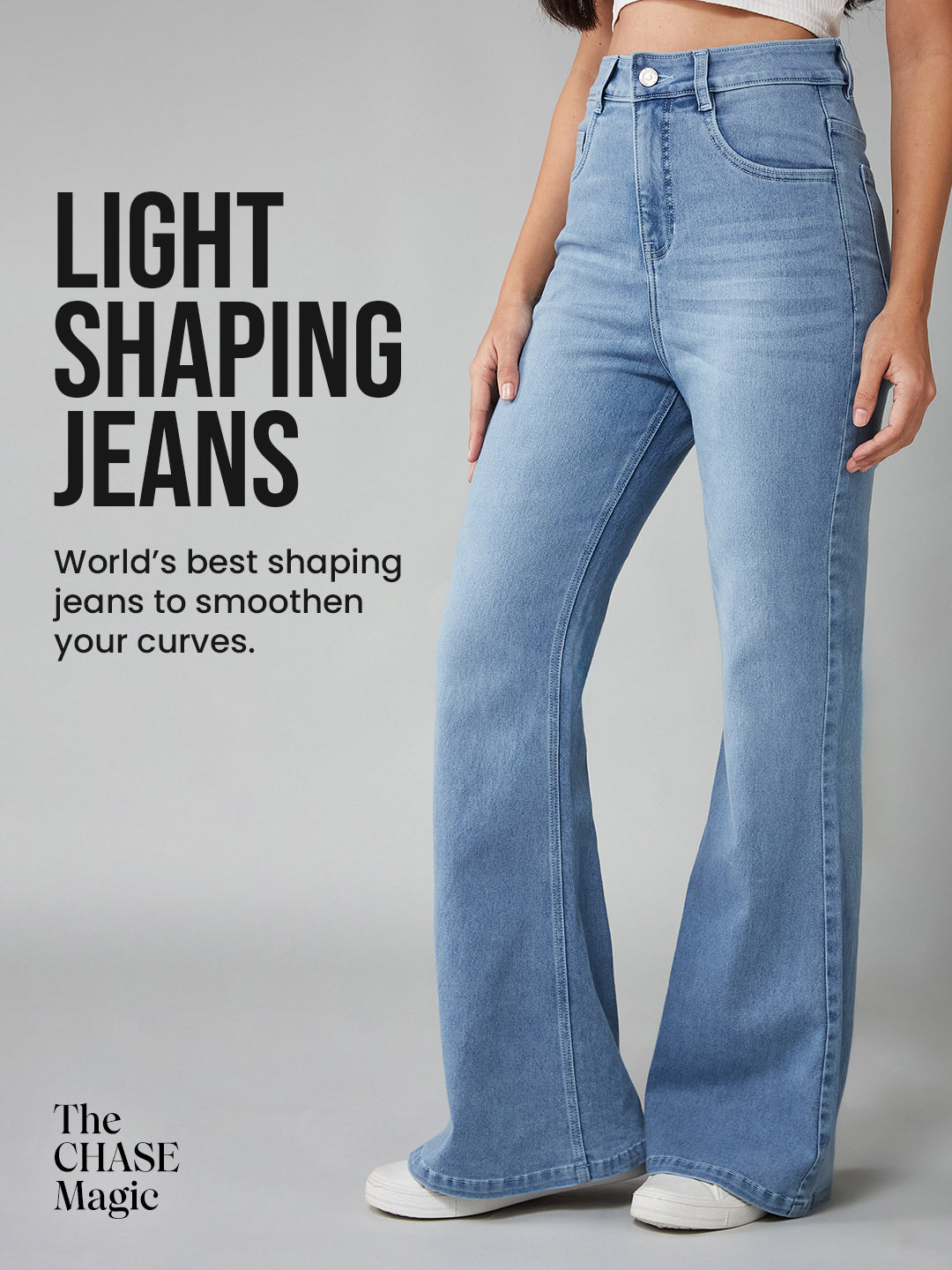 CHASEshape™ Women's Light Blue High-Rise Clean-Look Regular Stretchable Denim Bootcut Shaping Jeans