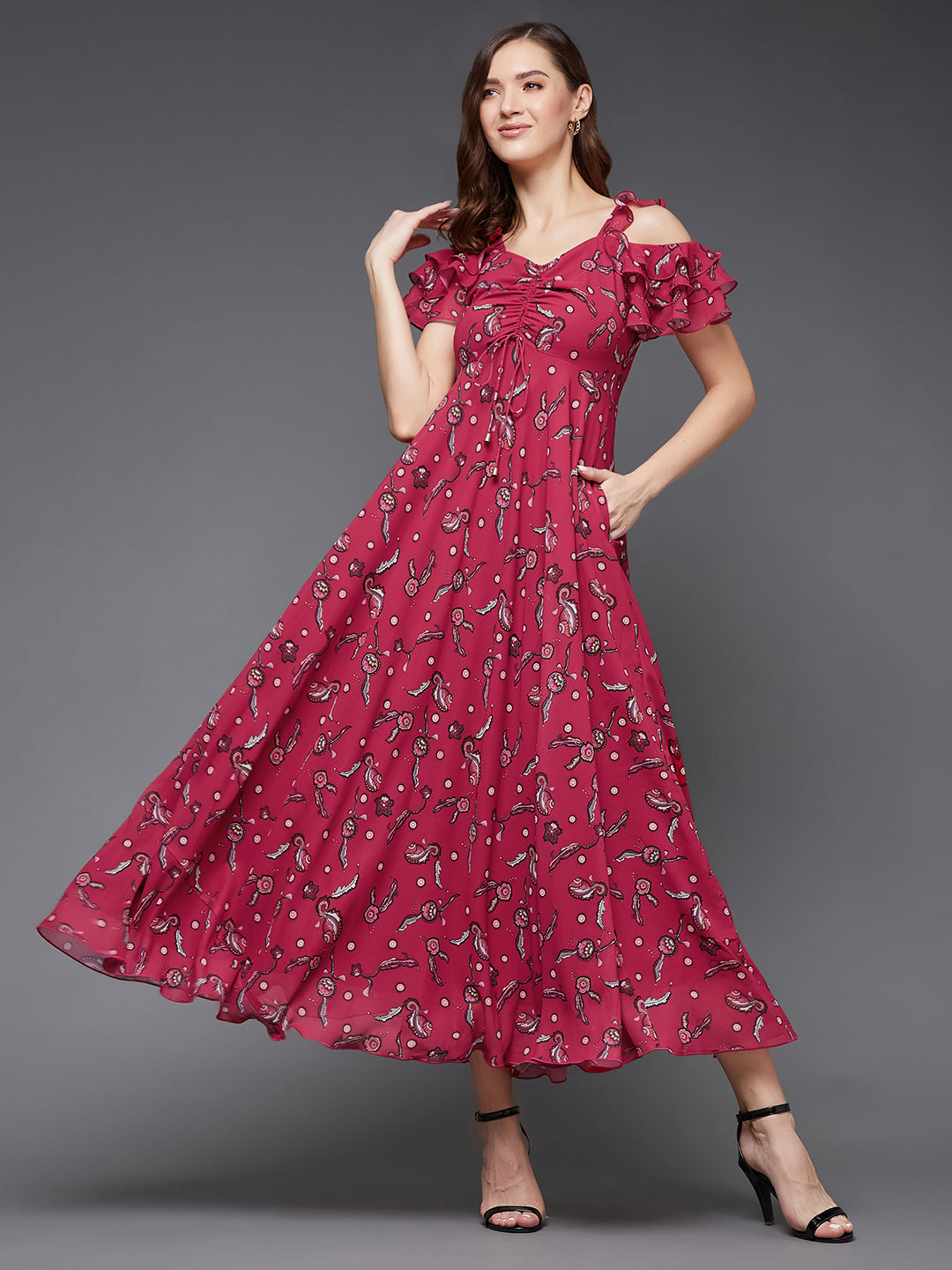 Women's Multicolored-Base-Dark Pink Sweetheart Ruffled Floral Ruching Maxi Dress