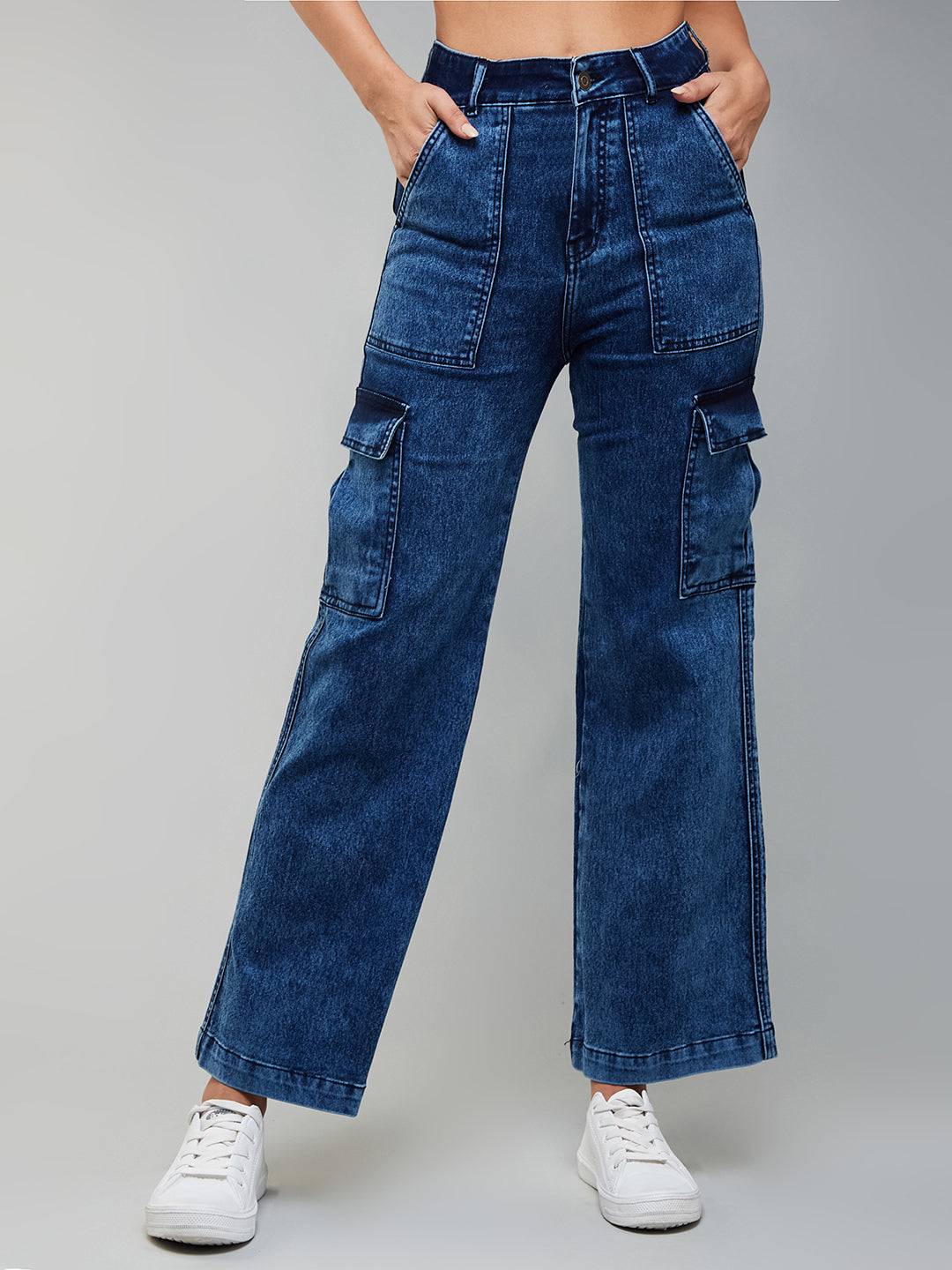 24/7 Comfort Women's Mid Blue Wide-Leg High-Rise Clean-Look Regular-Length Stretchable Denim Cargo Jeans