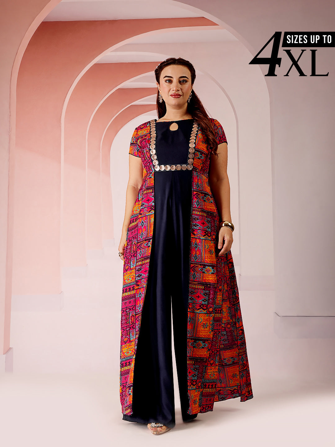 Body Bliss Multicolored-Base-Navy-Blue Keyhole-Neck Regular Sleeve Bohemian Panelled Viscose-Rayon Regular-Length Jumpsuit for Women