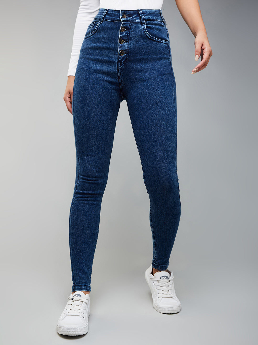 Women's Blue Skinny-Fit High-Rise Clean-Look Regular-Length Stretchable Denim Jeans