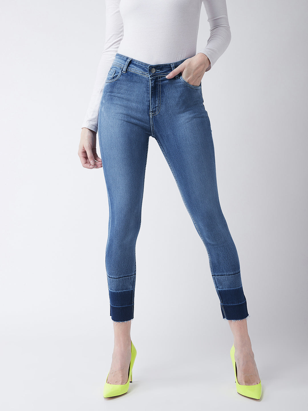 24/7 comfort Women's Light Blue Skinny Fit High Rise Ankle Length Shaded Denim Stretchable Jeans