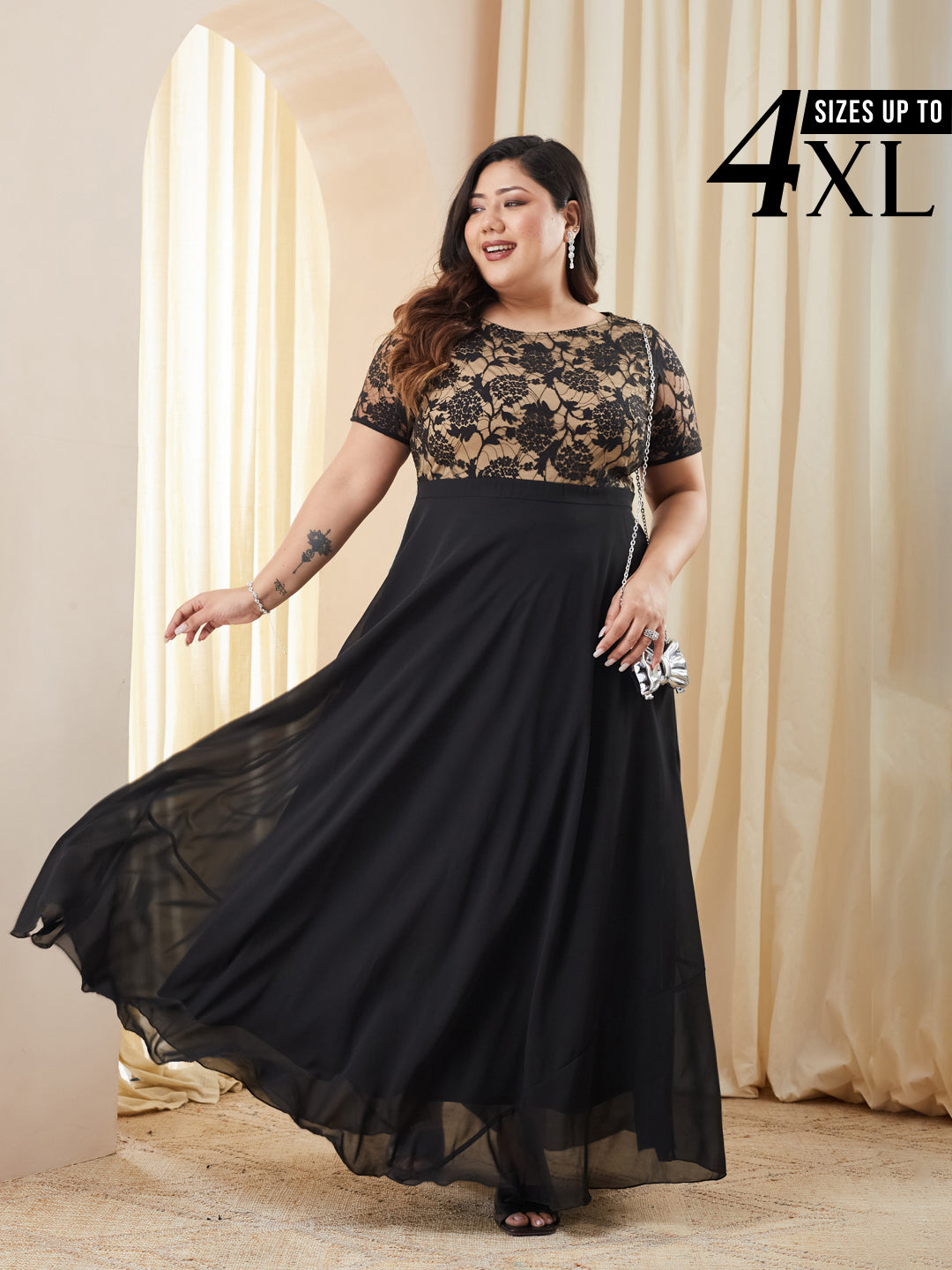 Black Short Sleeves Lace Fit and Flare Maxi Dress for Women