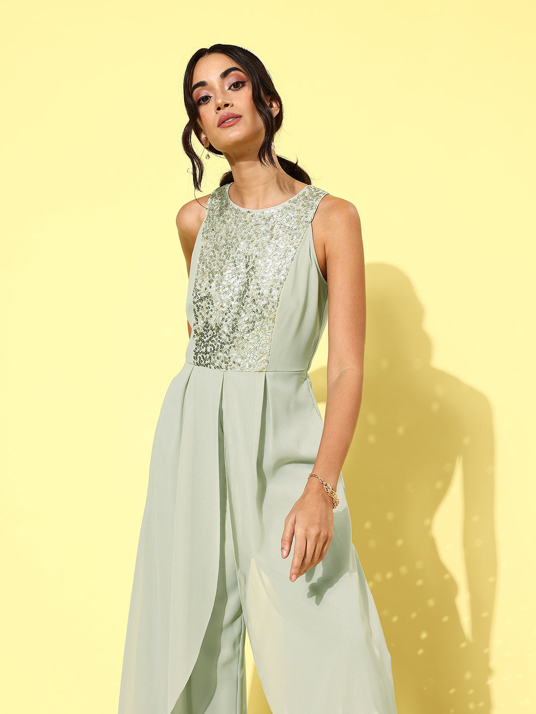 Women's Dusty Green Halter Neck Sleeveless Sequined Party Jumpsuit