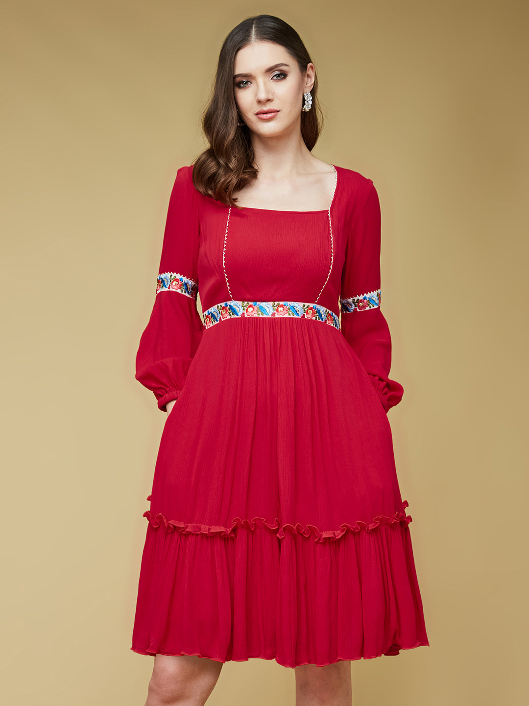 Women's Red Square Neck Bishop Sleeve Viscose Rayon Solid Gathered Midi Dress