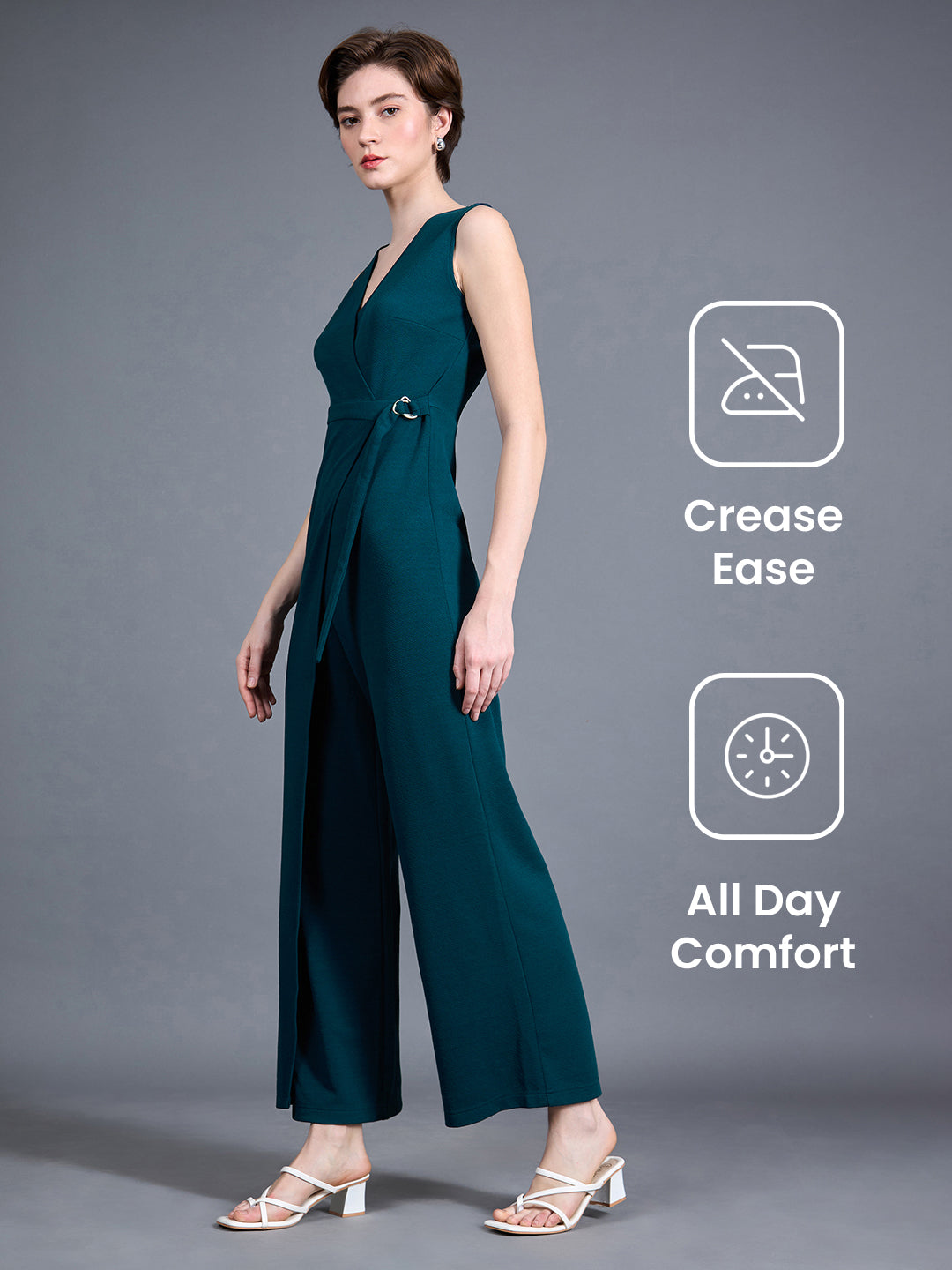 Teal V-Neck Sleeveless Solid Wrap Regular-Length Polyester Jumpsuit for Women