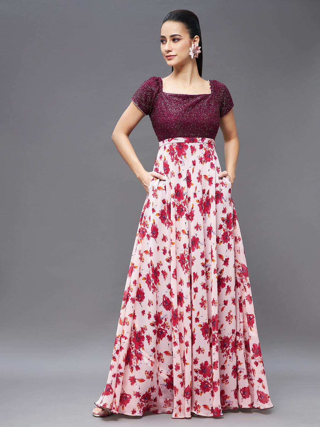 Women's Maroon & Off-White Colored Square Neck Short Puff Sleeve Floral Patterned Fit & Flare Georgette Maxi Dress