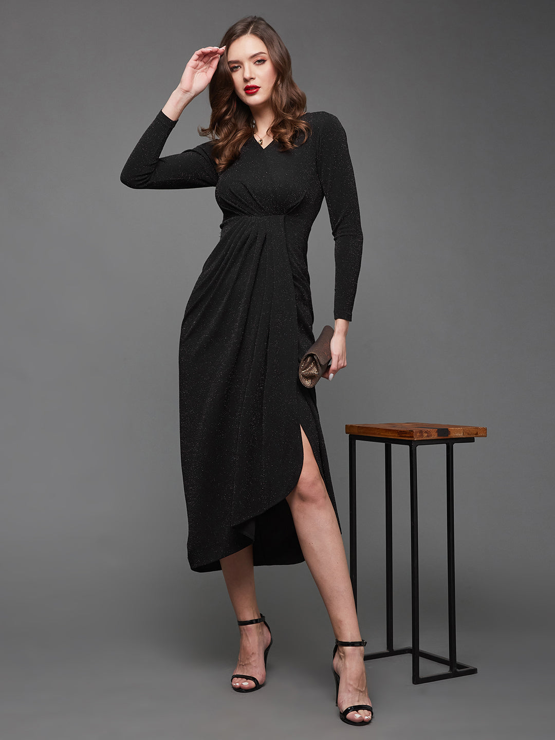 Crease Ease Women's Black V-Neck Full Sleeve Self Design Wrap Midi Dress