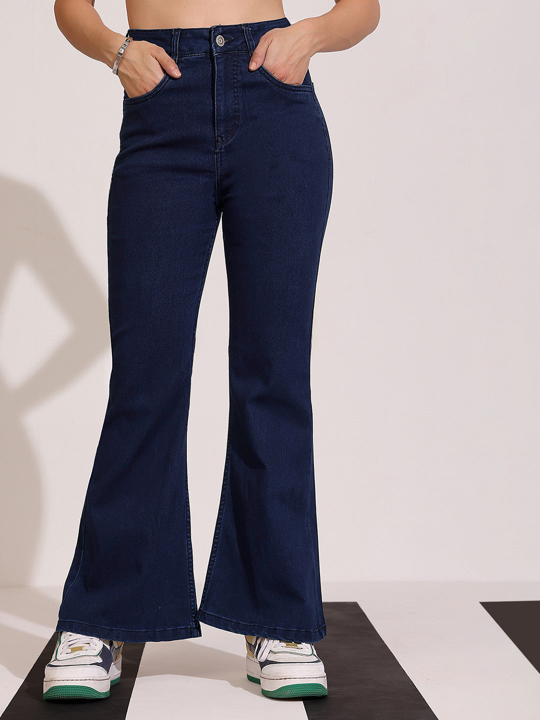 Navy Blue Bootcut High Rise Clean Look Regular Length Stretchable Shaping Denim Jeans