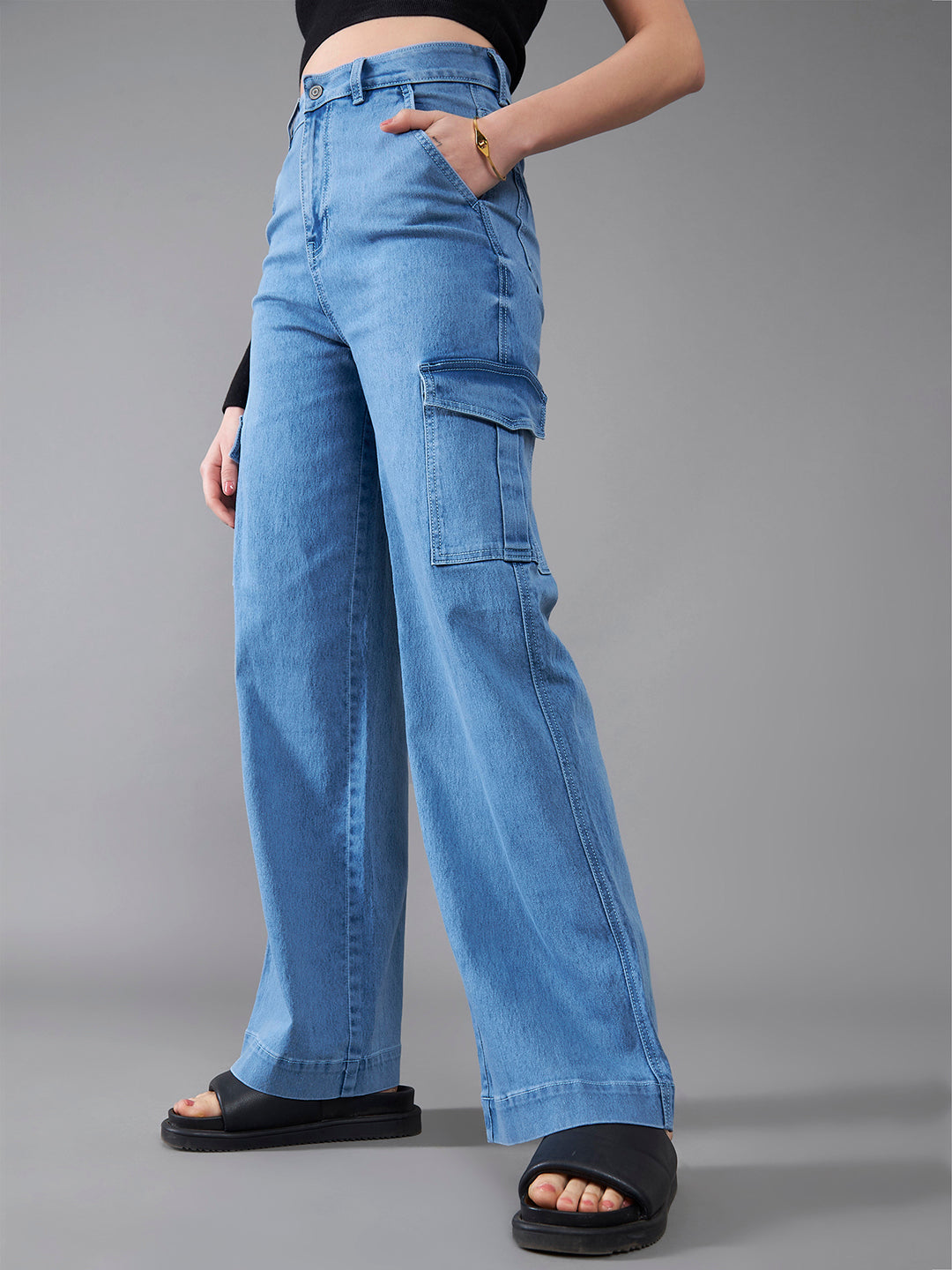 24/7 Comfort Women's Light Blue Wide-Leg High-Rise Clean-Look Regular-Length Stretchable Flared Cargo Style Denim Jeans