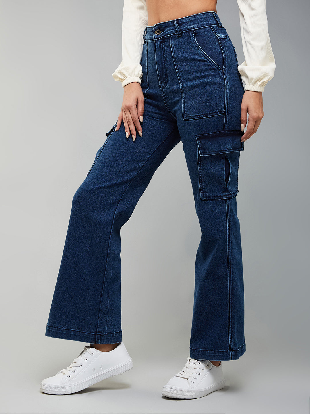 24/7 Comfort Women's Blue Wide  Leg High Rise Clean Look Regular Length Stretchable Denim Cargo Jeans