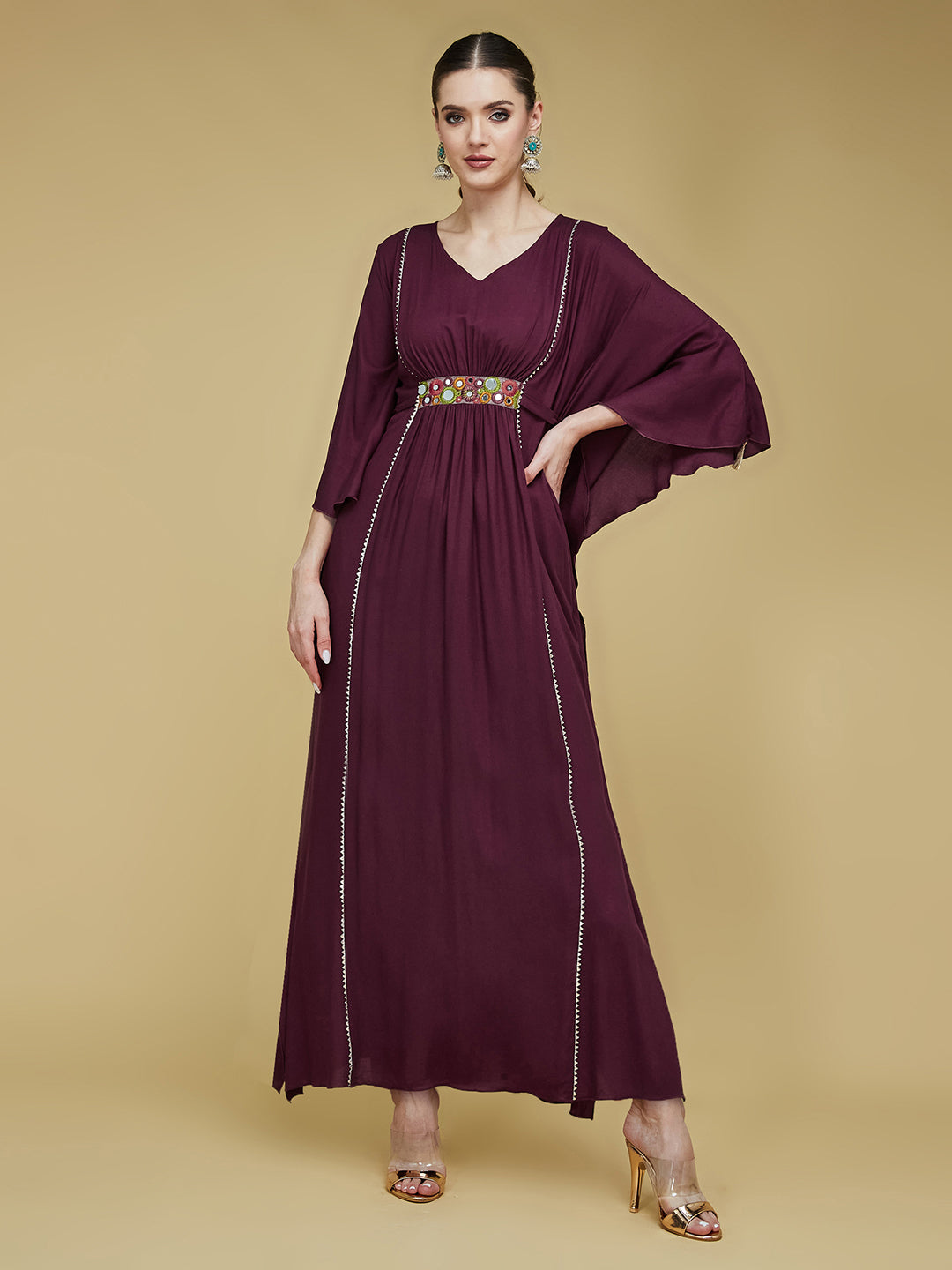 Women's Wine V-Neck 3/4 Sleeve Solid Viscose Rayon Maxi Kaftan Dress