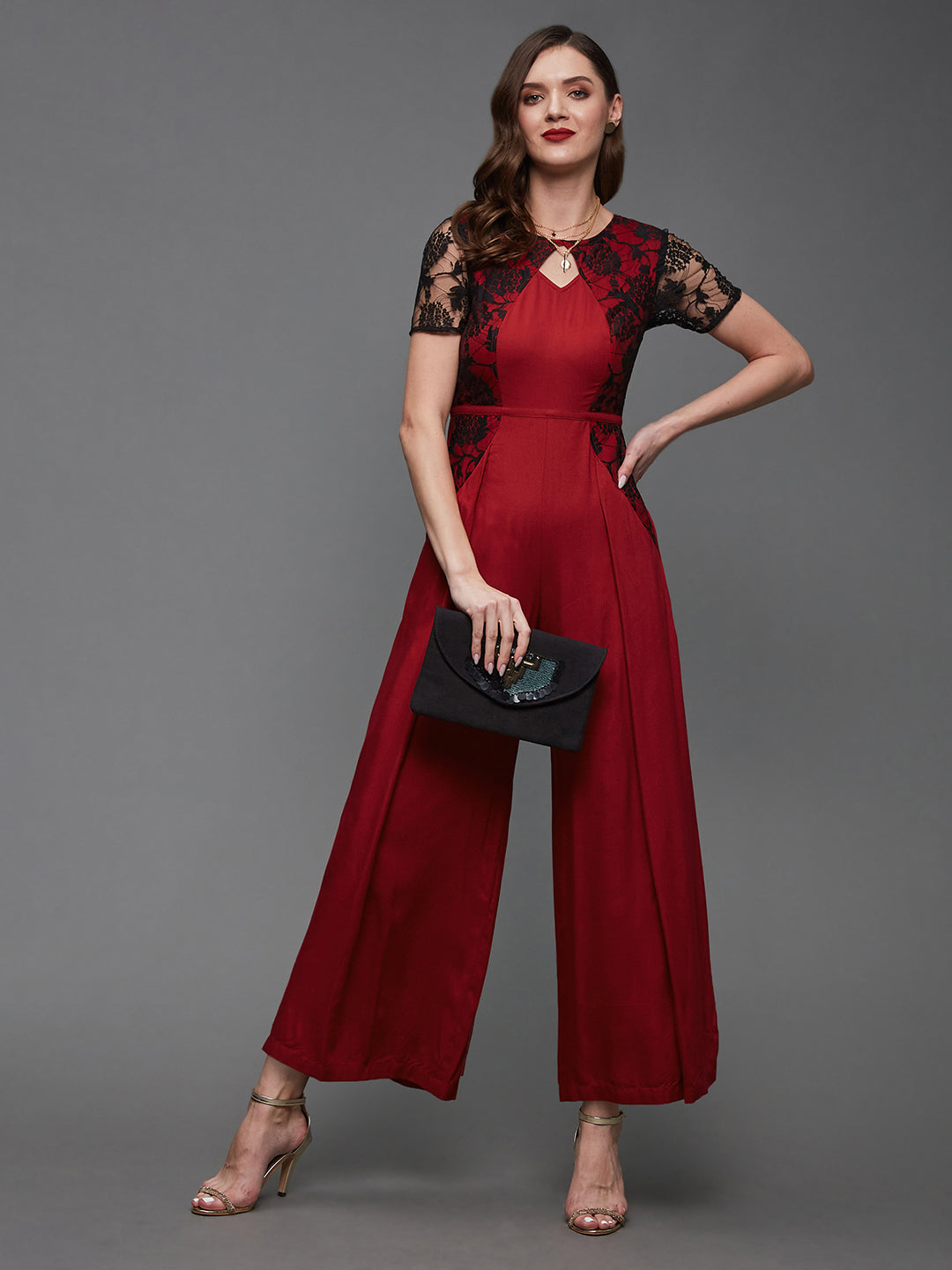 Women's Maroon Keyhole Neck Regular Sleeve Floral Lace Overlaid Visocse-Rayon Regular Length Jumpsuit