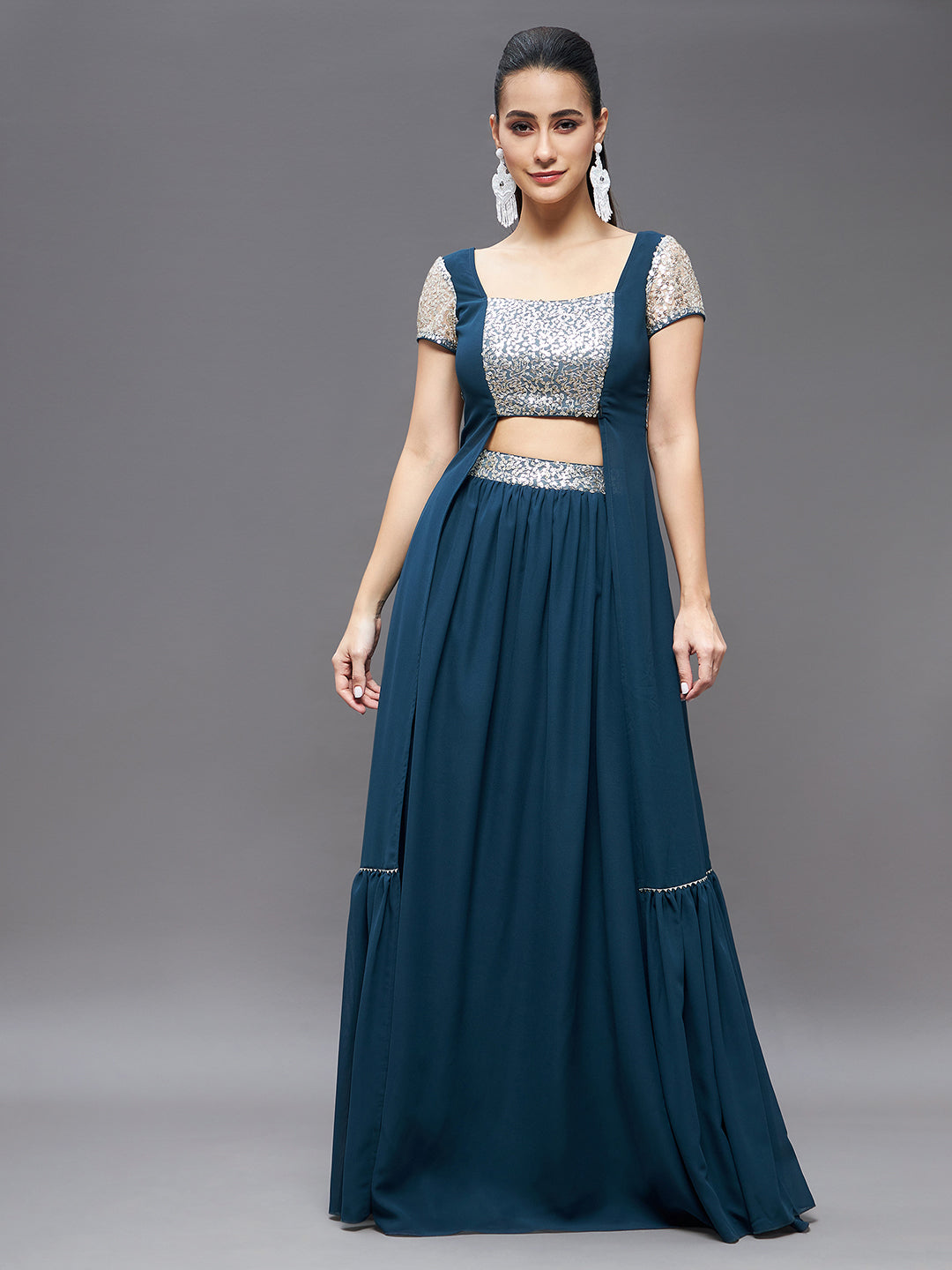 Women's Teal Embellished Square Neck Short Sleeves Waist Band Pocketed Tiered Maxi Co-Ord Set.