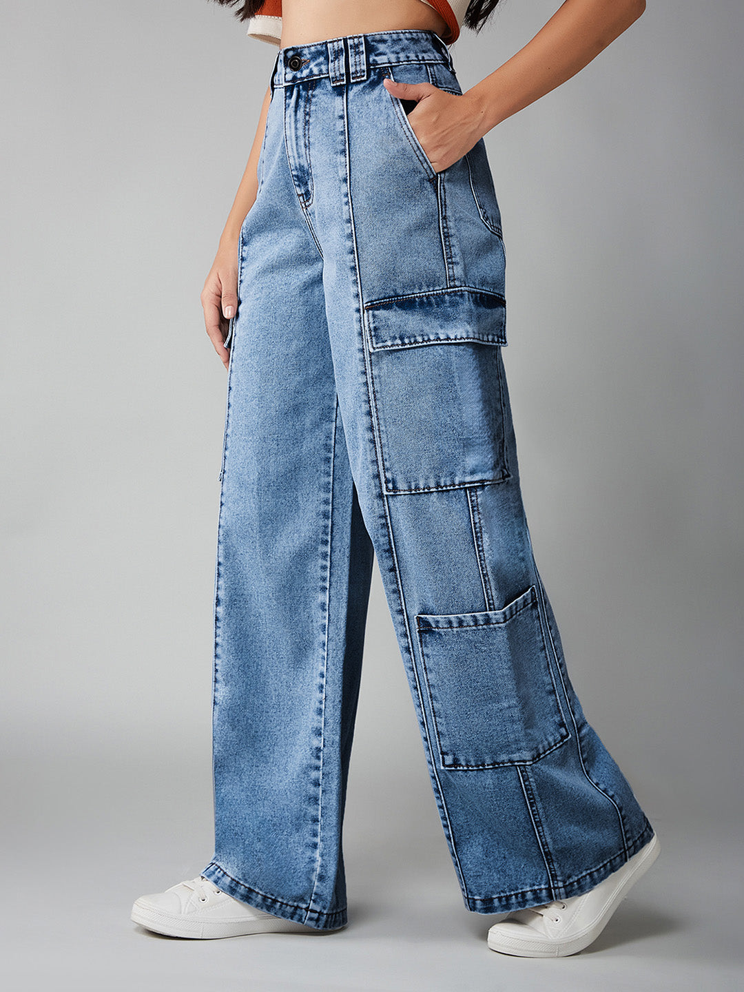 Women's Light Blue Wide-Leg High-Rise Regular Denim Pant