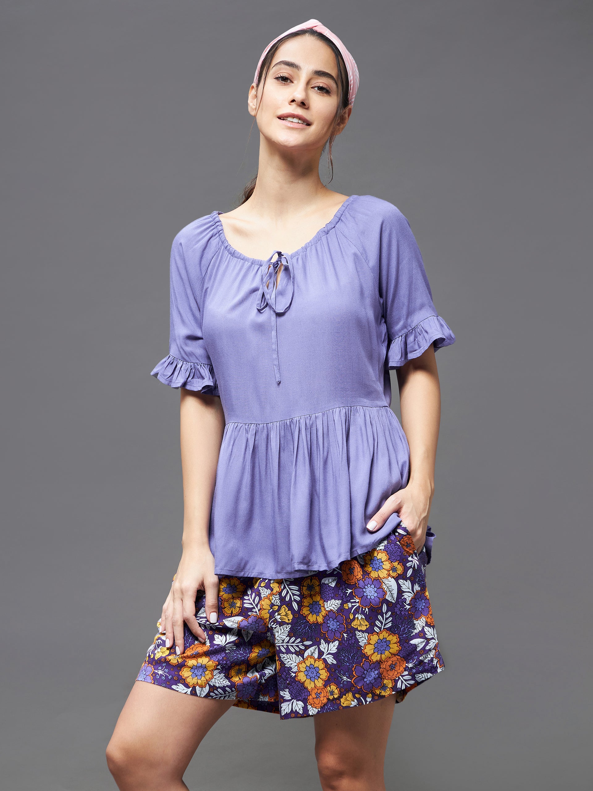 Women's Lavender Round Neck Short Sleeve Floral Front Placket Short Top & Shorts Sets