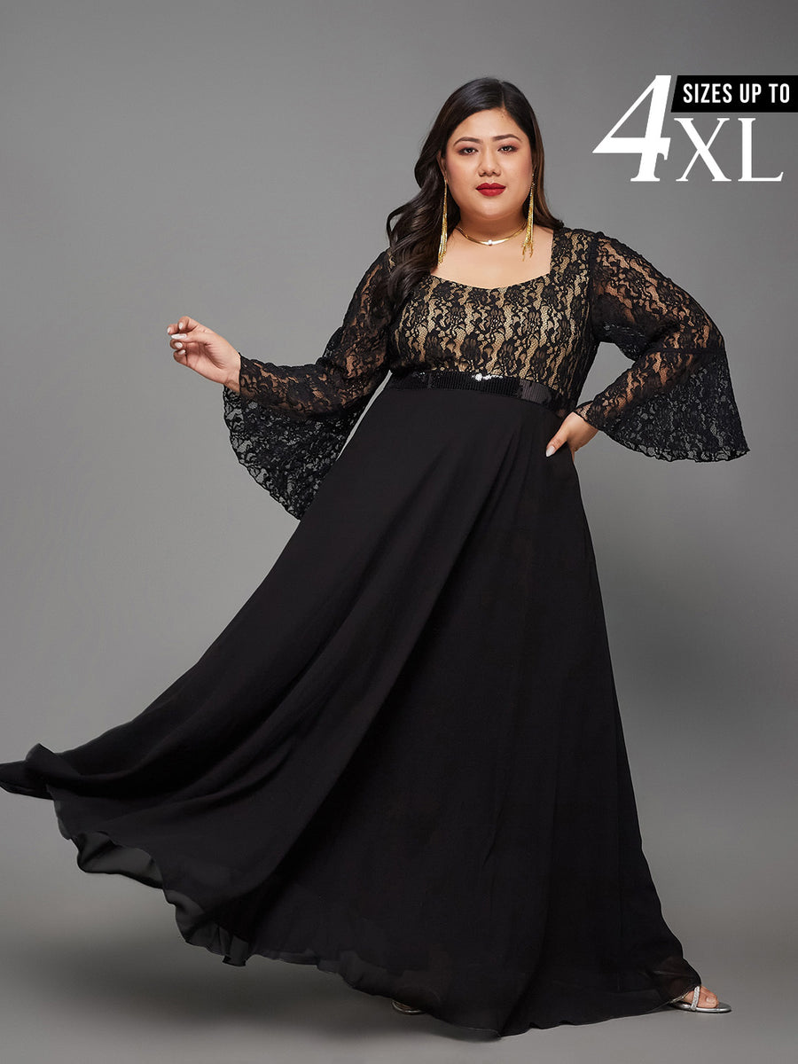 black tie sequin dresses Black Bell Sleeves Lace Fit and Flare Maxi Dress for Women