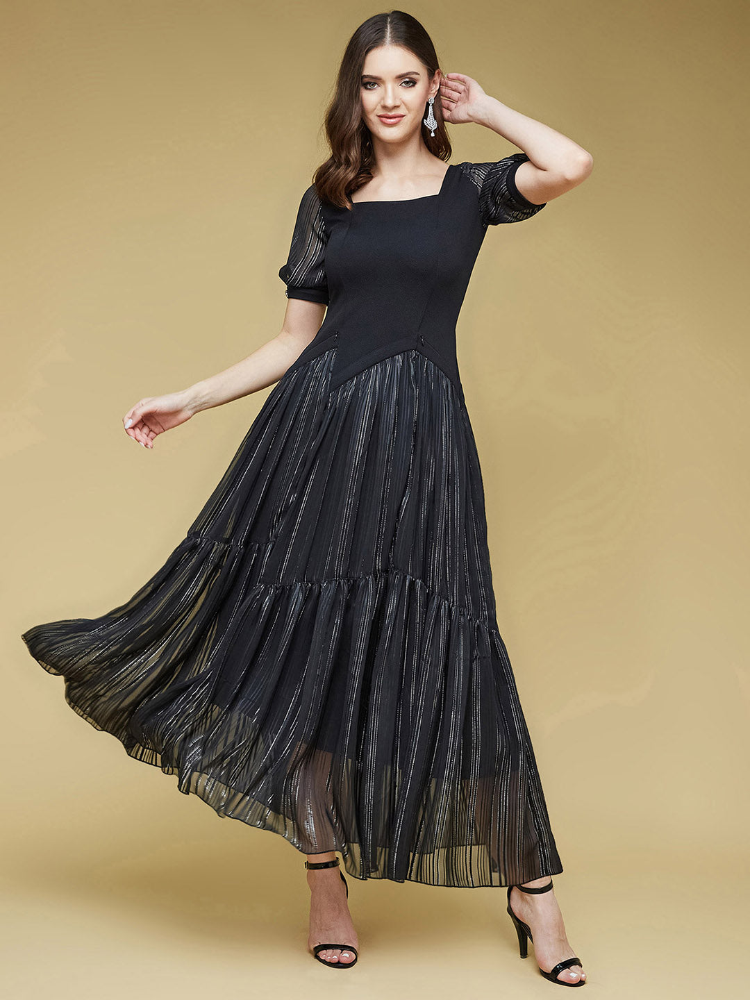 Women's Black Solid Square Neck Half Sleeve Polyester Asymmetric Ankle Length Dress