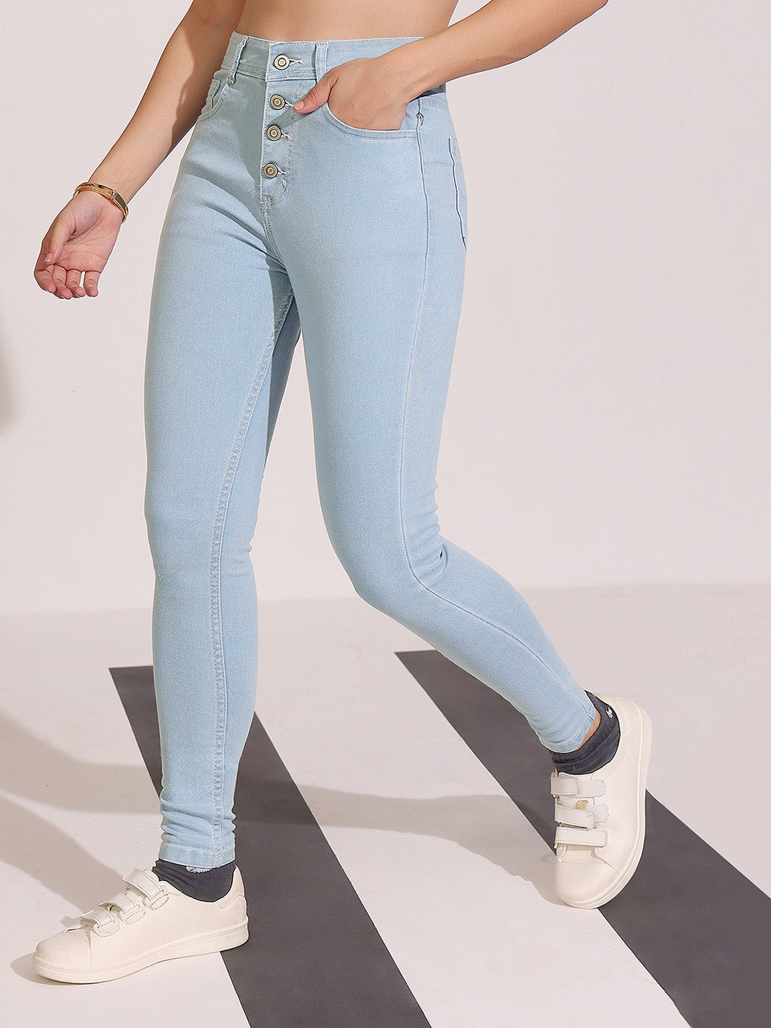 Women's Light Blue Skinny High Rise Distressed Ice Wash Regular Length Denim Jeans