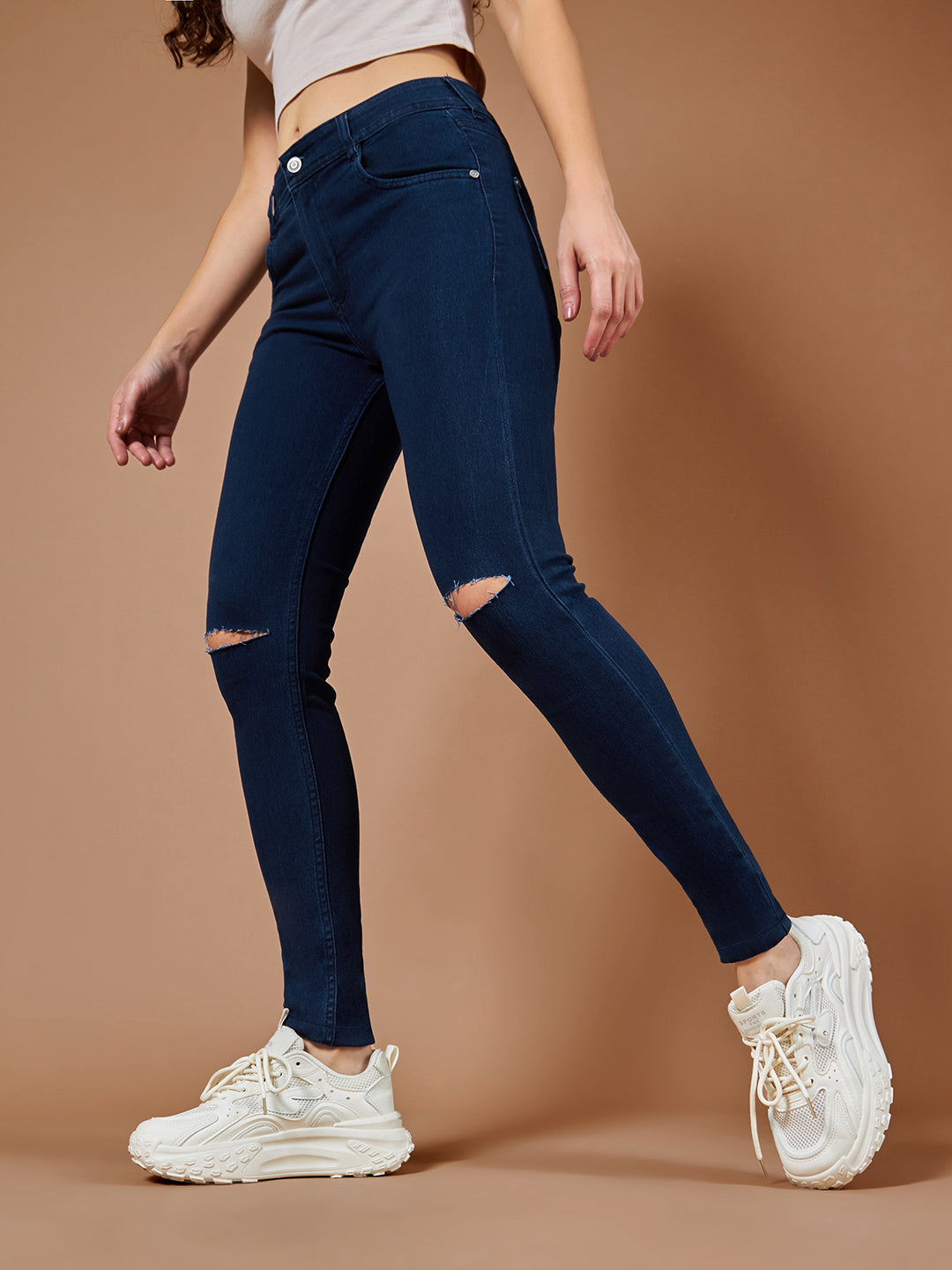 Women's Navy Blue Skinny Fit High Rise Regular Length Clean Look Knee Slit Denim Stretchable Jeans