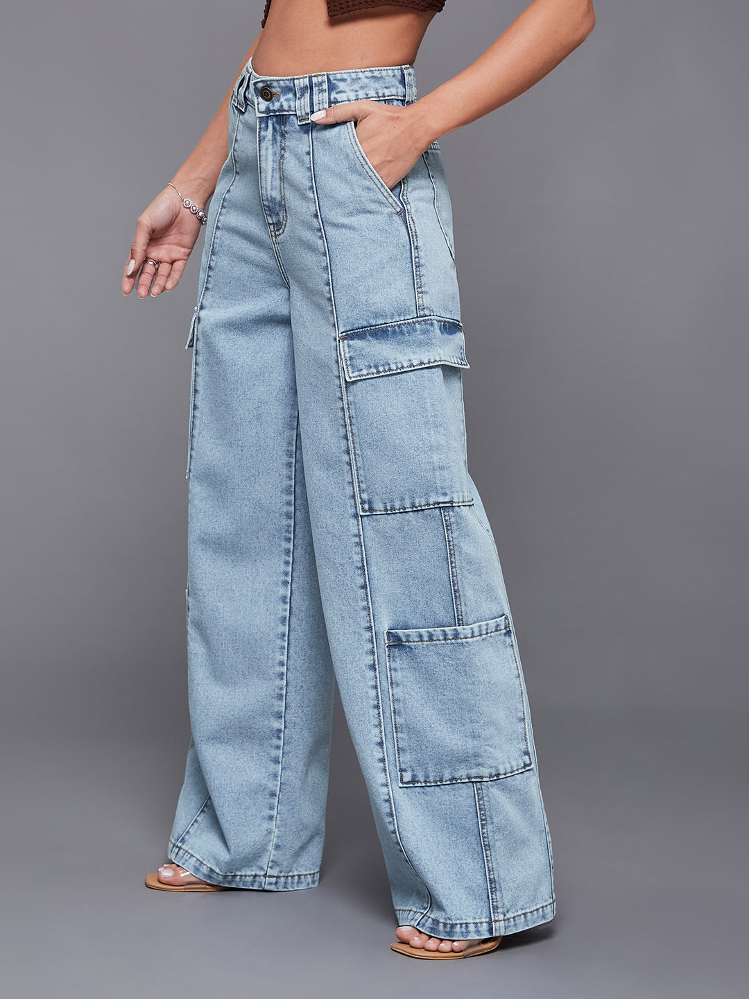 Y2K Women's Light Blue Wide Leg High Rise Cargo Denim Jeans