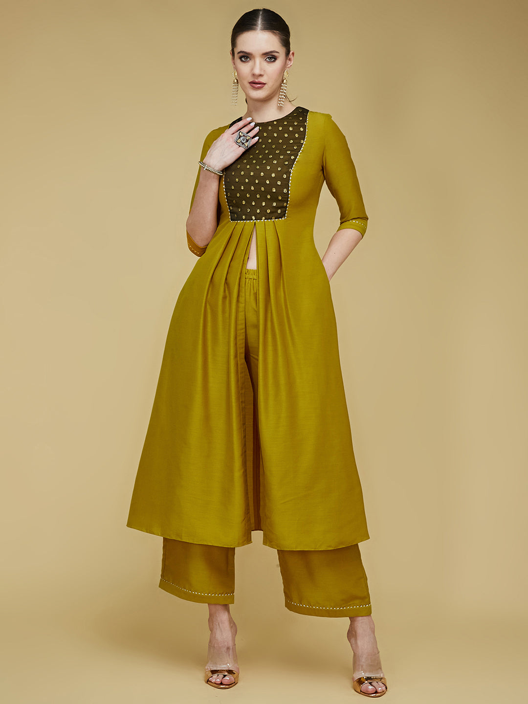 Women's Mustard Round Neck 3/4 Sleeve Self-Designed Pleated Regular-Length Polyester Kurta Set