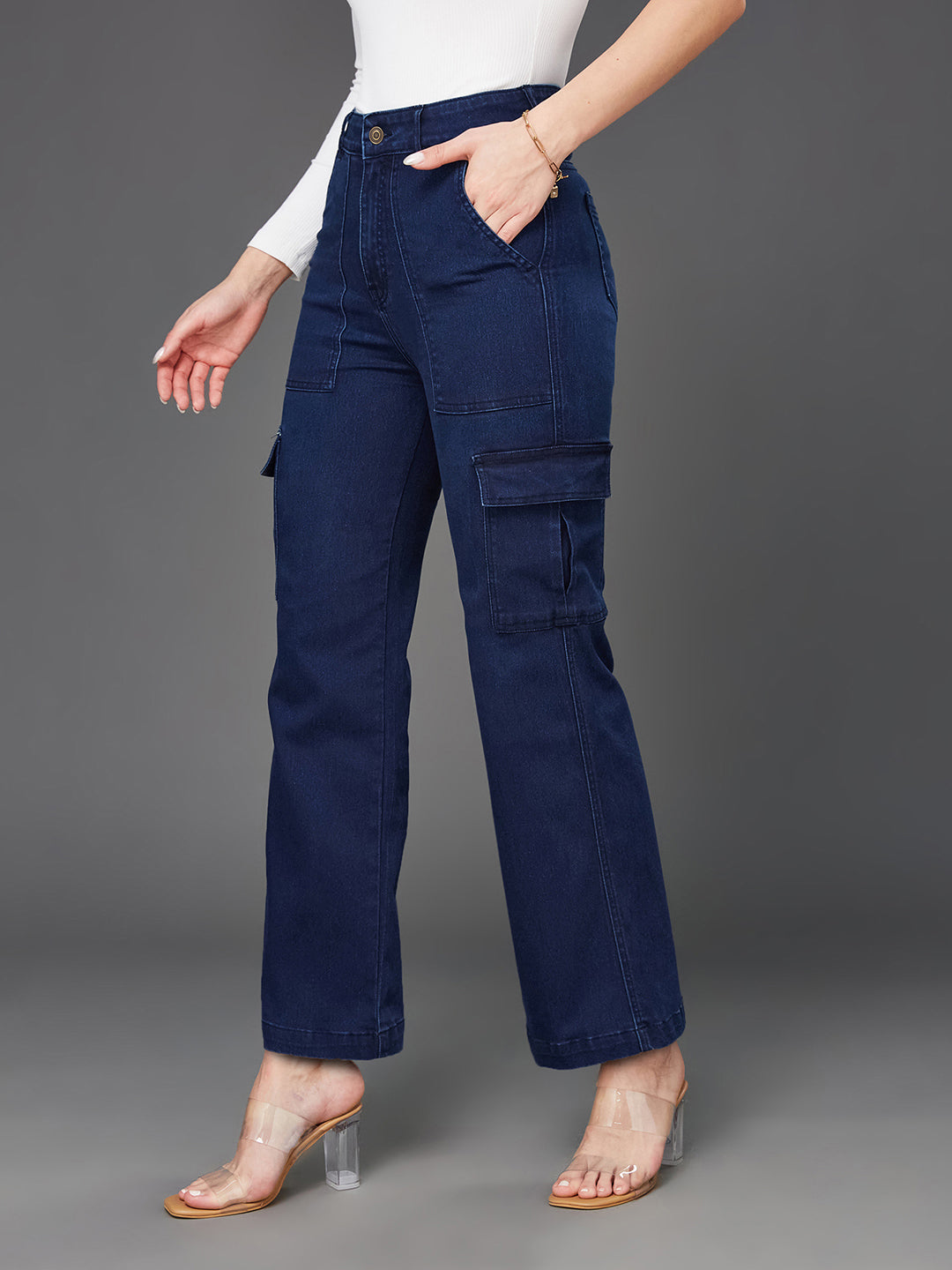 24/7 Comfort Navy Blue Wide-Leg High-Rise Clean-Look Regular-Length Stretchable Denim Cargo Jeans