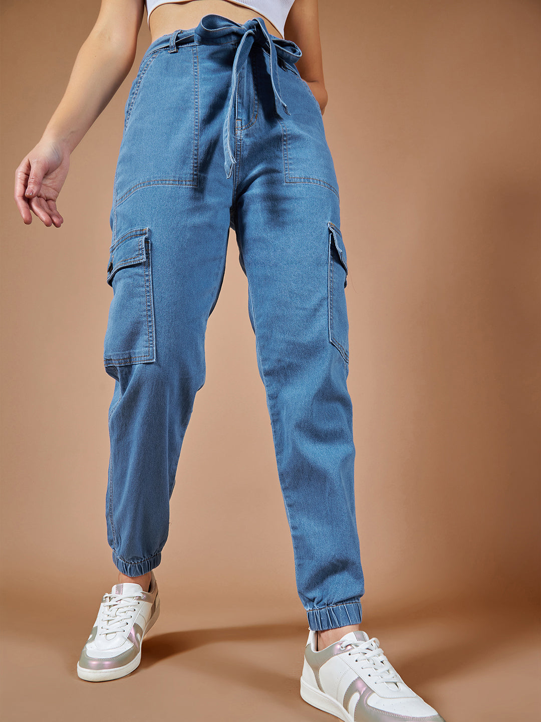 Women's Blue Regular High rise Stretchable Denim Joggers