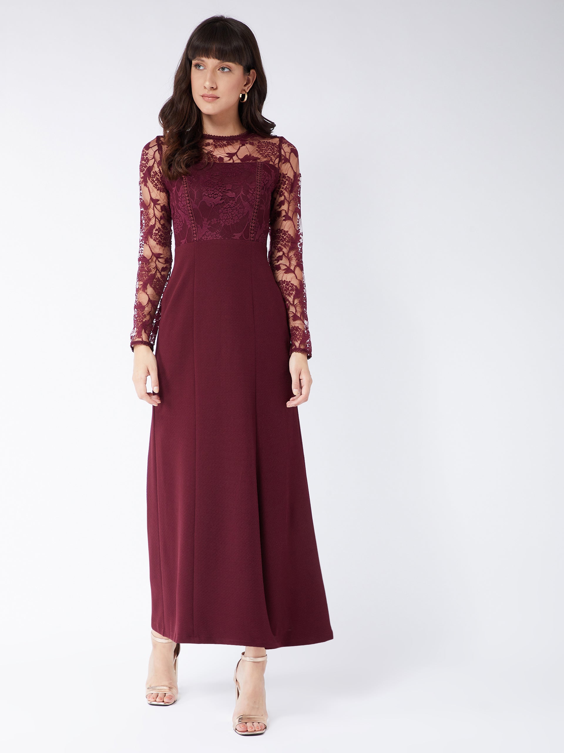 Red Floral Polyester Slim Fit Round Neck Full Sleeve Maxi Dress for Women