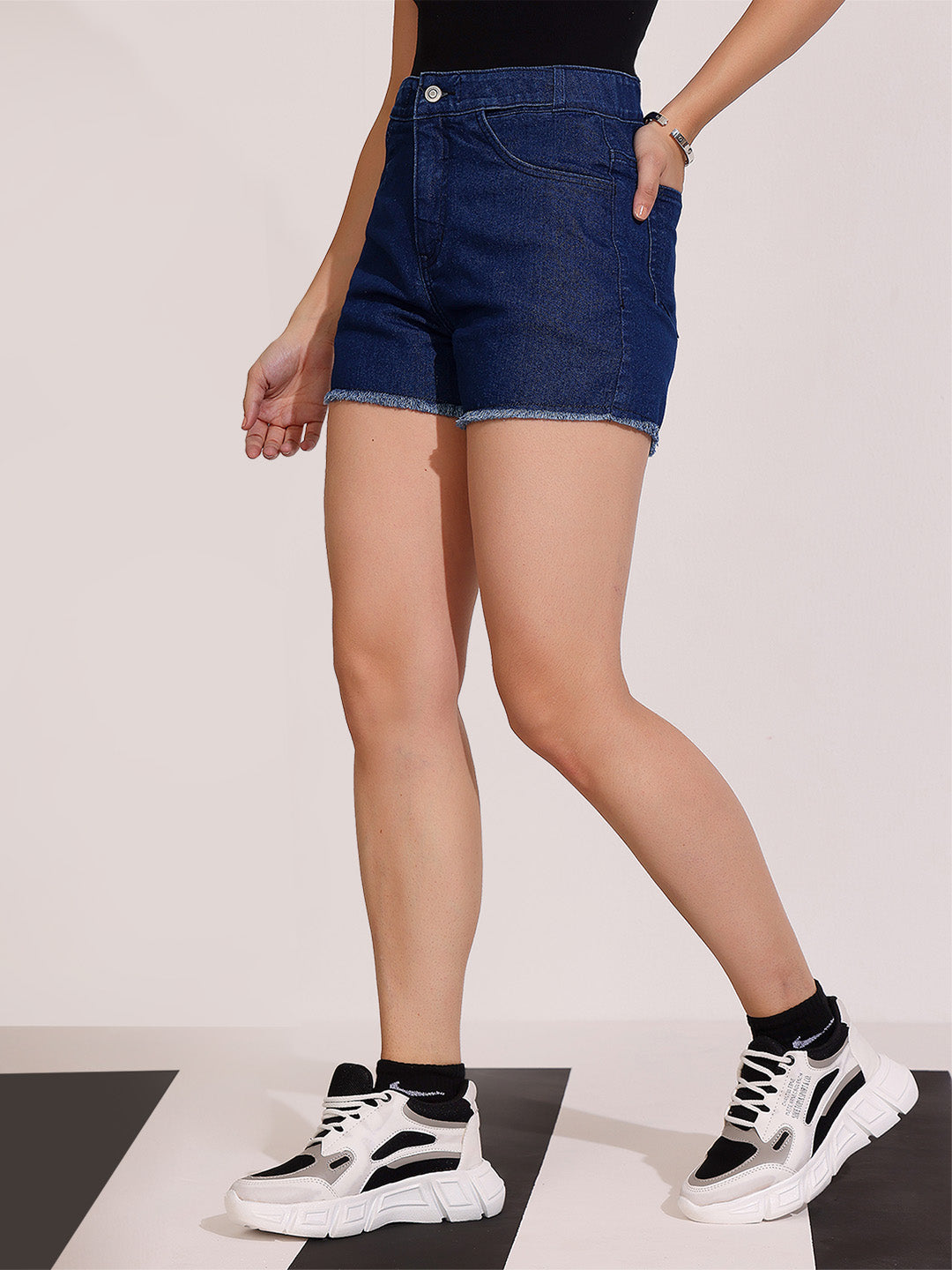 Navy-Blue Relaxed Fit Mid-Rise Denim Shorts with Adjustable Waist & Frayed Hem for Women