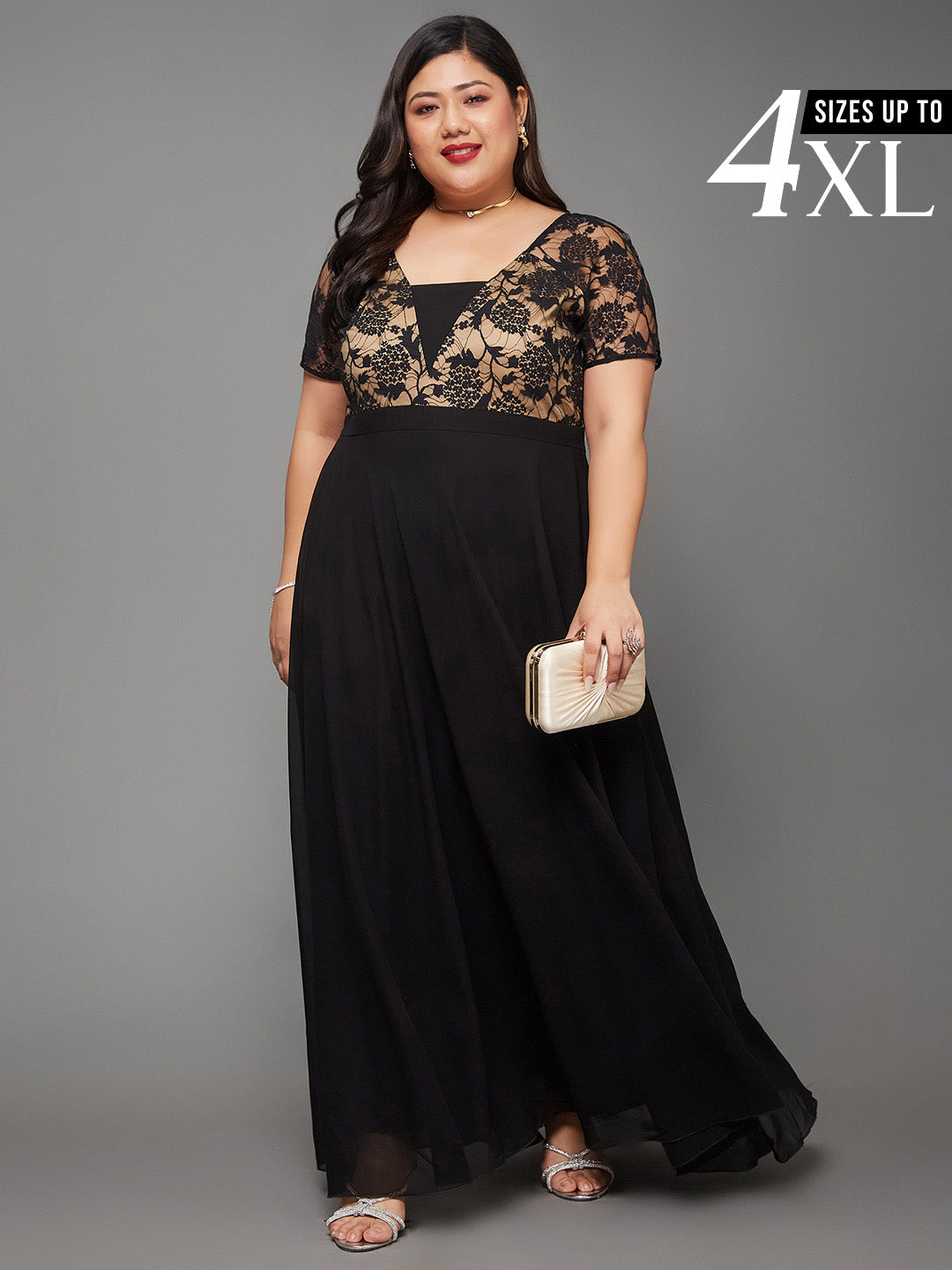 Black Short Sleeves Lace Fit and Flare Maxi Dress for Women